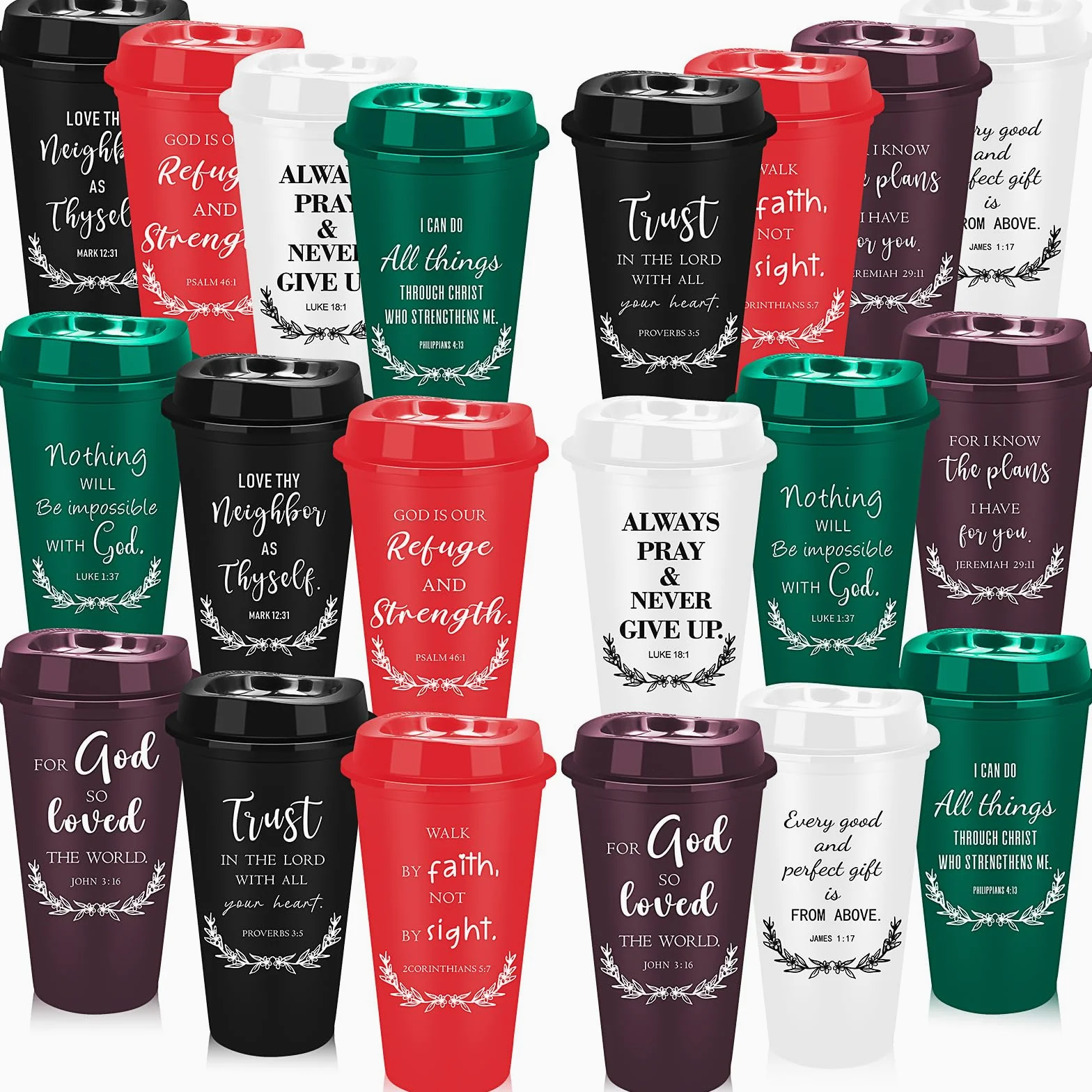Lot de 40 tasses à café chrétiennes réutilisables de 473,6 g, verset de la Bible religieux en plastique avec couvercles, tasse à café de voyage pour boissons froides, cadeaux chrétiens pour homme et