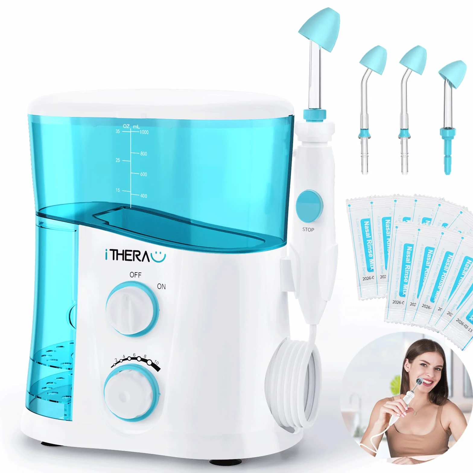 I-THERA-U Kit Lavage de Nez Adulte 1000ML Réservoir d'Eau Détachable avec 4 Embouts Rinçage Nasal Irrigation Nasale