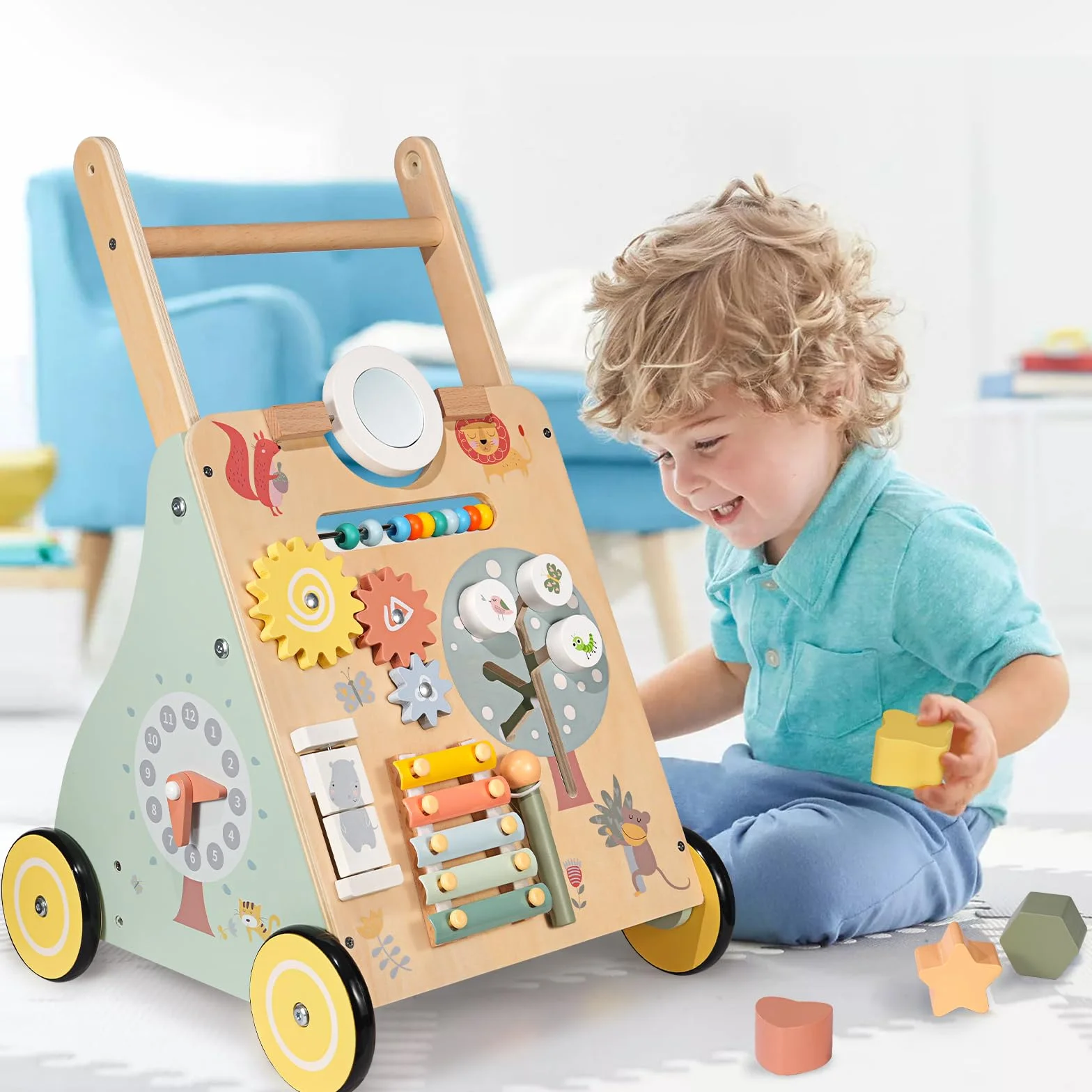 Trotteur Bébé en Bois, Chariot de Marche, Jouet Centre d'Activité pour Enfant