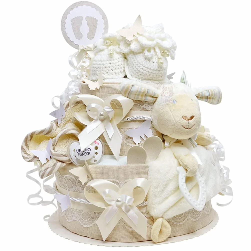 MomsStory Gâteau de Couches Neutre Mouton 2 Étages Beige Cadeau Naissance Baby Shower