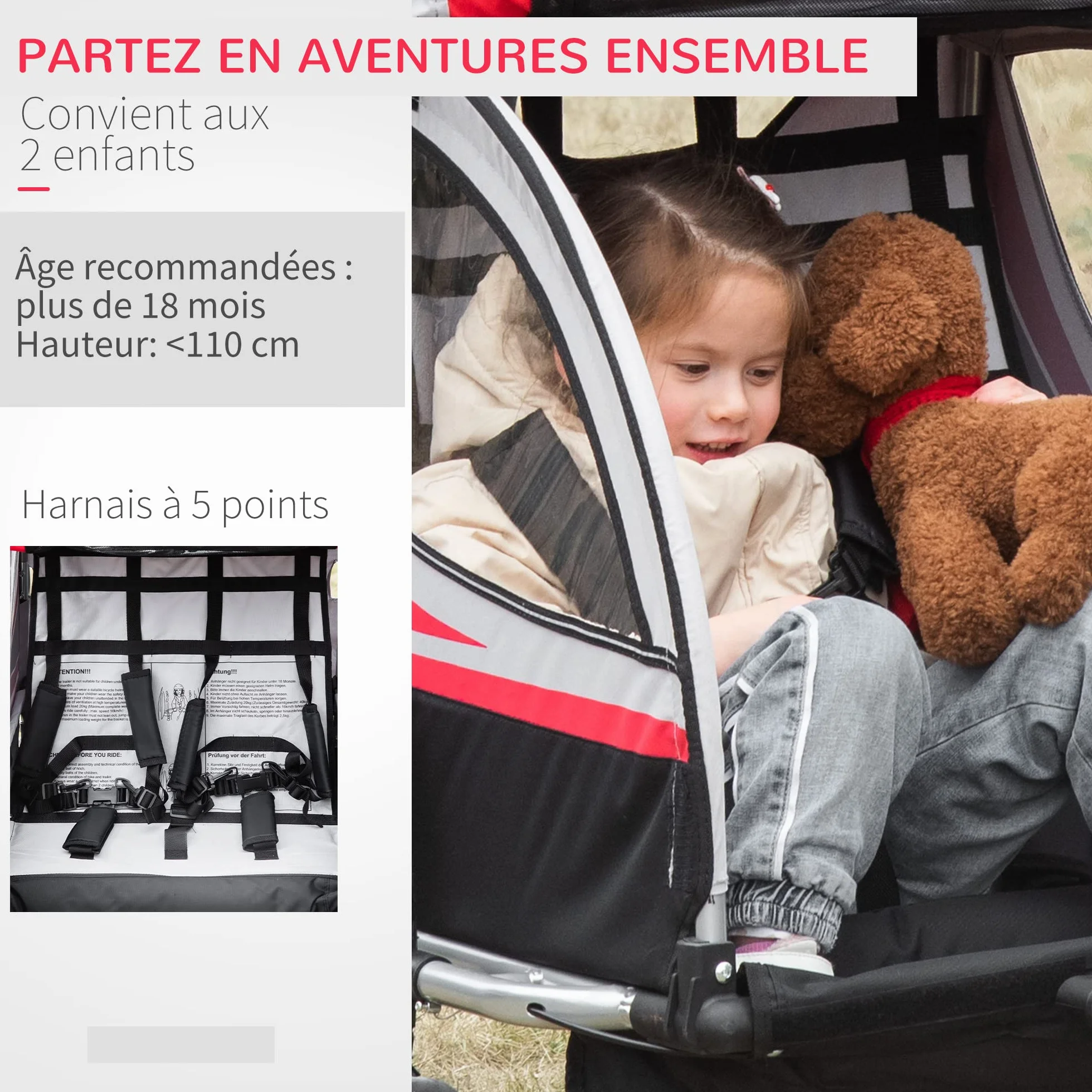 HOMCOM Remorque vélo enfant 2 en 1 convertible jogger poussette 26,4 kg 2 places