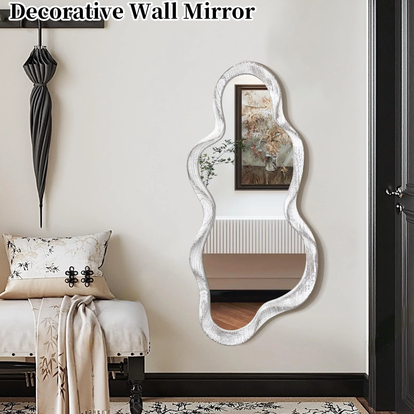Miroir Mural Noir Cadre en Bois irrégulier Art Moderne Salle de Bain Salon Chambre à Coucher