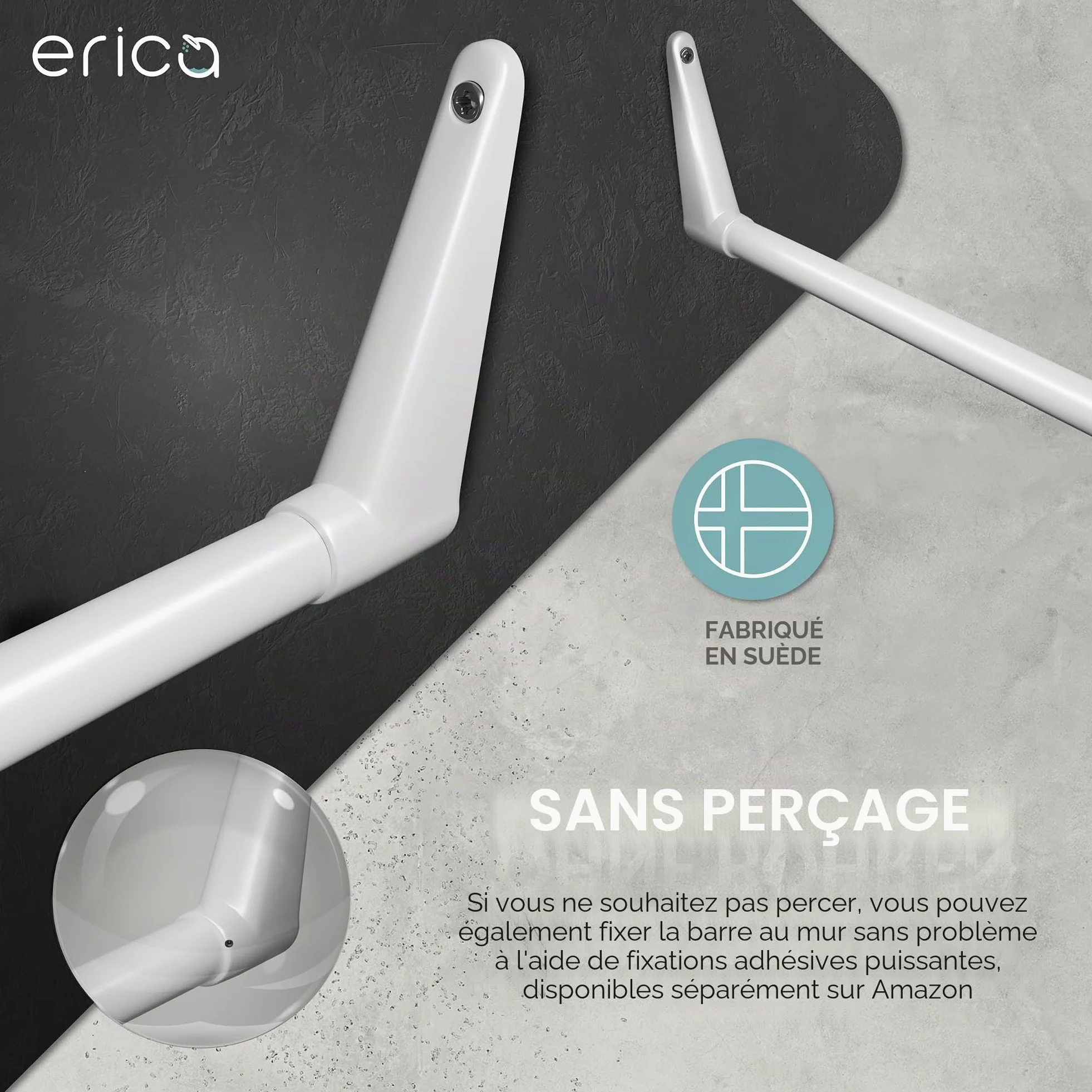 Erica Tringles de Rideau de Douche en U - 85x95x85 cm, Barre de Rideau de Douche Murale sans Fixation au Plafond - Revêtement Plastique sans PVC, Tringle de Douche 100% Inoxydable. Blanc.