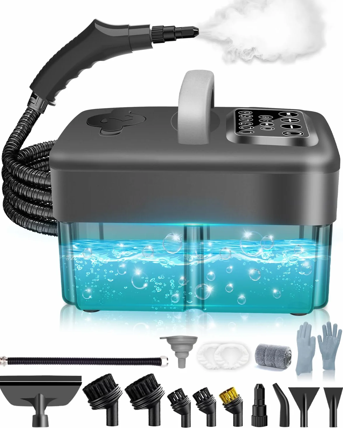 Nettoyeur Vapeur Portable 2500W 1,6L 6 Niveaux 120°C 10 Accessoires Gris