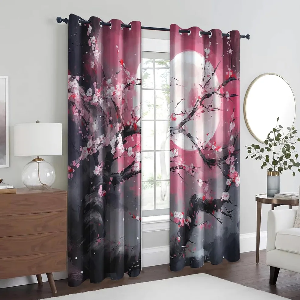 Rideau Motif Style Japonais Fleurs de Cerisier, Rideaux Thermiques Isolant Anti Froid, Rideaux Occultant À Oeillets, Lot De 2 Rideau Blanche Motif 140x240 Cm Décoration Salon,L,140x200H cm (2 panels)