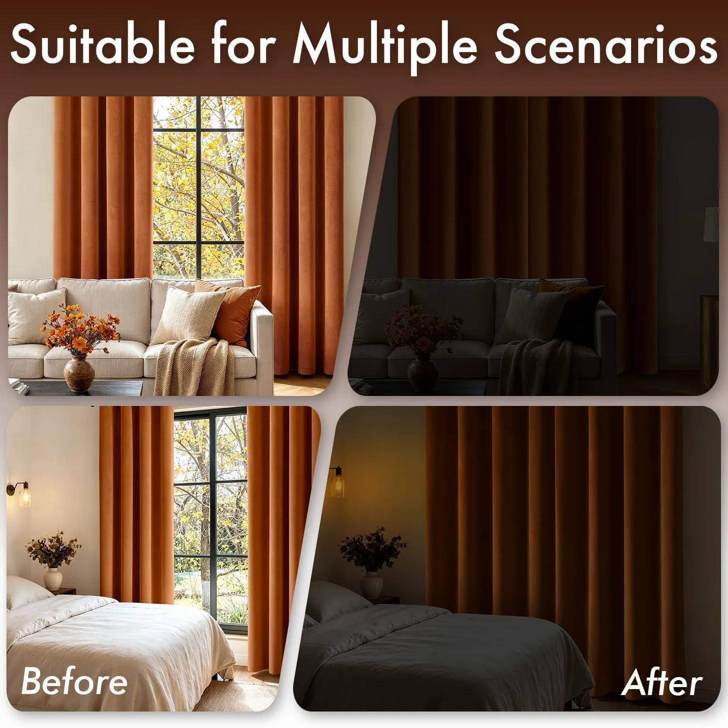 EMEMA Lot de 2 rideaux opaques en velours avec œillets - Orange foncé - 300 x 140 cm (H x l) | Rideaux en velours avec œillets, décoratifs, pour salon, doux, occultant, thermique, insonorisant, chambre à coucher