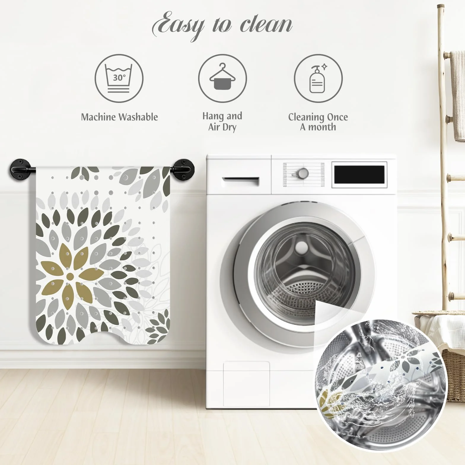 Tapis de Bain Antidérapant 100 x 40cm, SHUCHING, Lavable en Machine et Résistant à la Moisissure, Sans BPA, Fleurs Grises