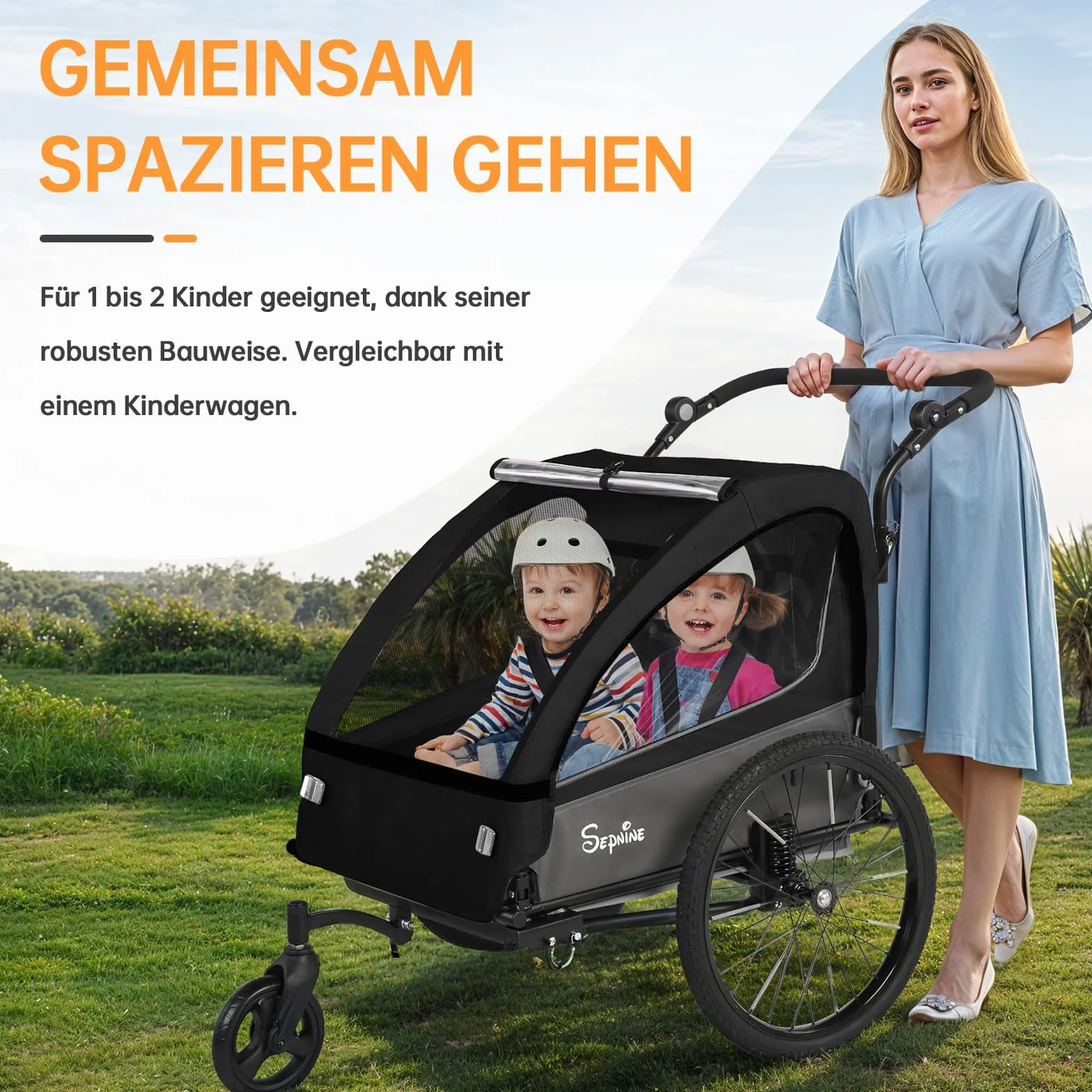 Remorque vélo 2 en 1 pliable pour 1 à 2 enfants avec suspension, poussette jogging grand rangement