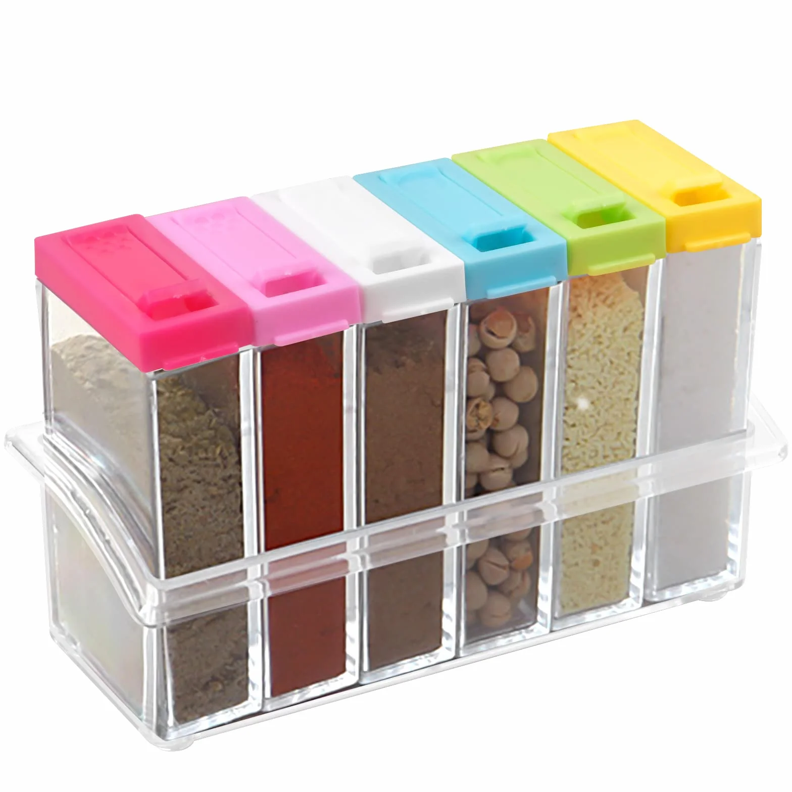 Lot de 6 Boîtes Épices Plastique avec Plateau, Ensemble de Pots à épices Transparent pour Rangement de Condiments