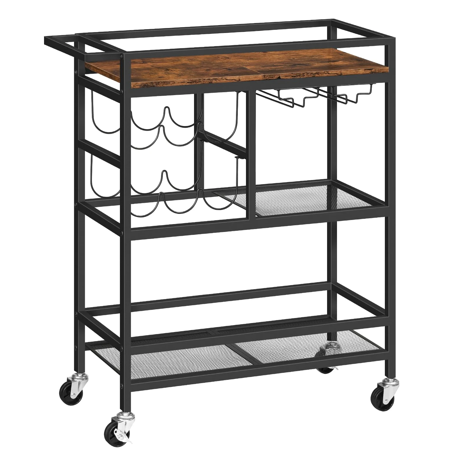 MAHANCRIS Desserte à roulettes, Chariot de Service Roulant à 3 Niveaux avec Poignée, 63 x 28 x 85 cm, Desserte Cuisine, Chariot à Boissons avec Porte-Verres et Porte-Bouteilles, Marron ARCHR6101