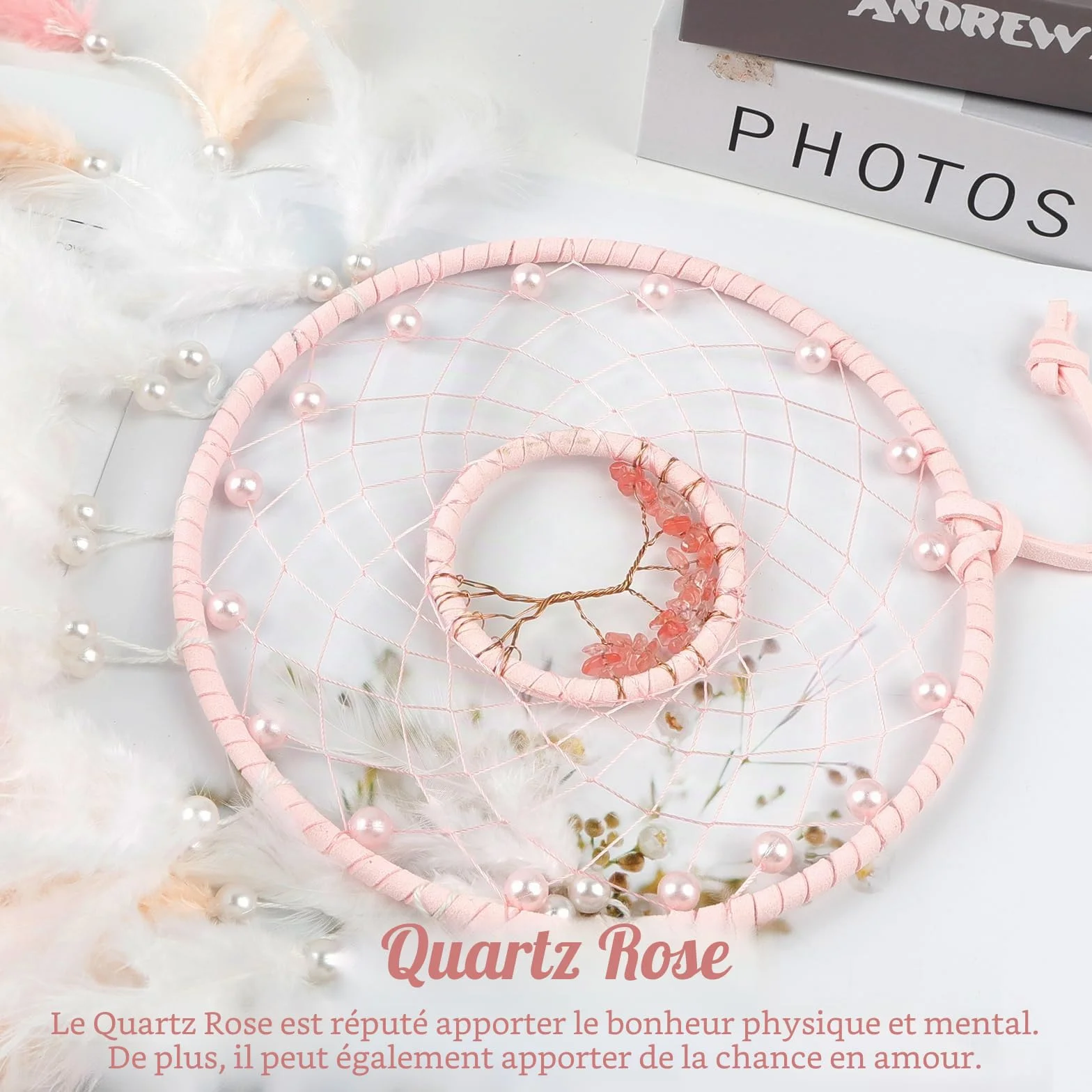 Attrape-rêves rose macramé cristaux résistant UV extérieur décoration bohème
