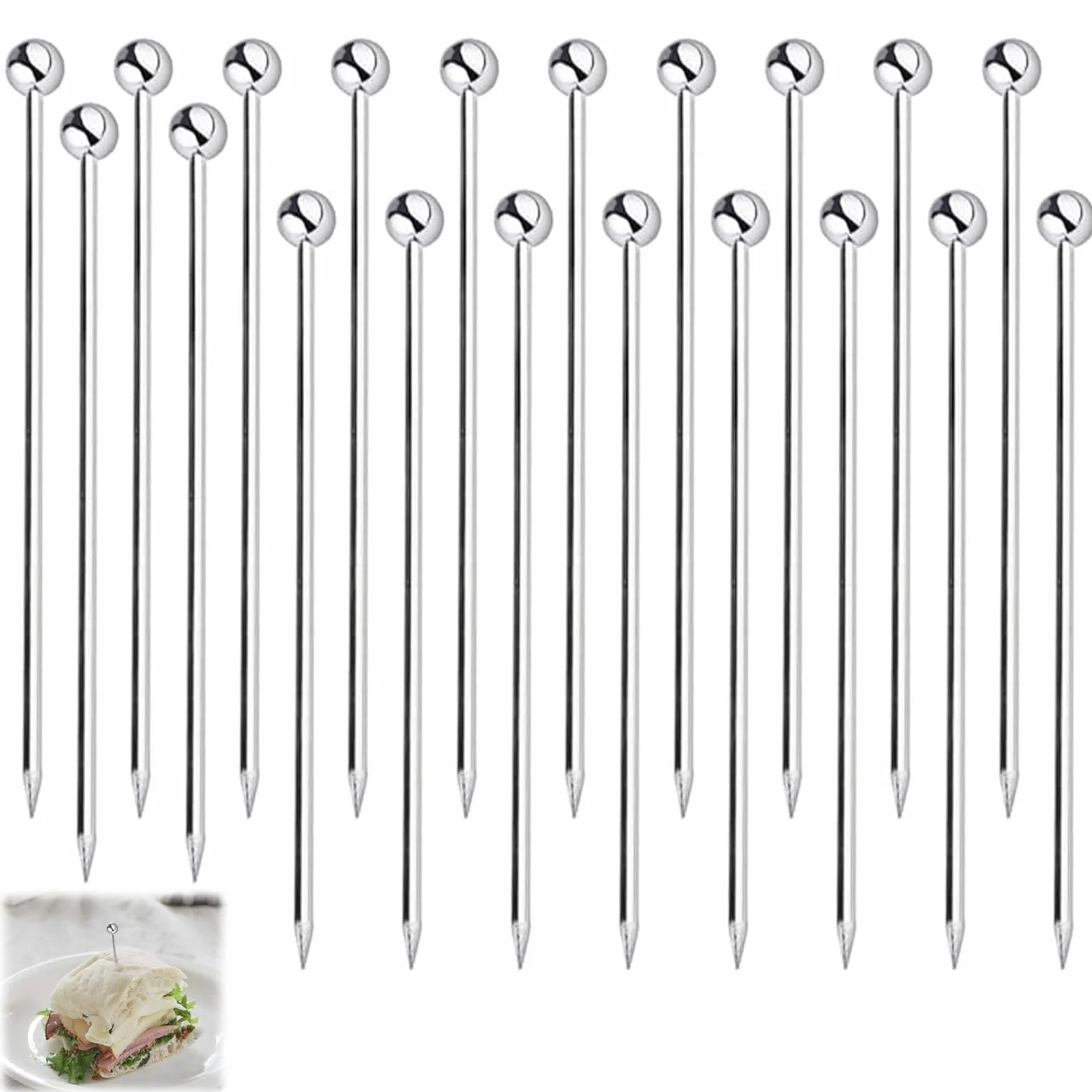 Piques à Cocktail en Acier Inoxydable 11cm Lot de 20 Réutilisables avec Tête à Boule