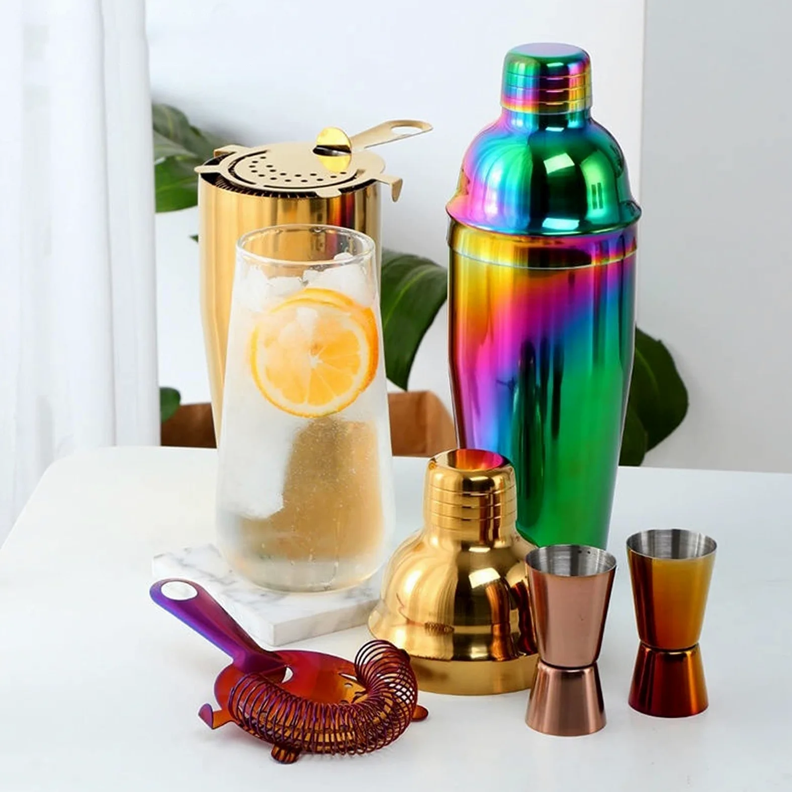 Shaker Cocktail Cocktail Shaker Barware Outil coloré en Acier Inoxydable Kit Boston Cocktail Set Shaker vin verseurs avec Passoire Mesurer Coupe Barman Set à Cocktail (Color : Rainbow 3 Set)