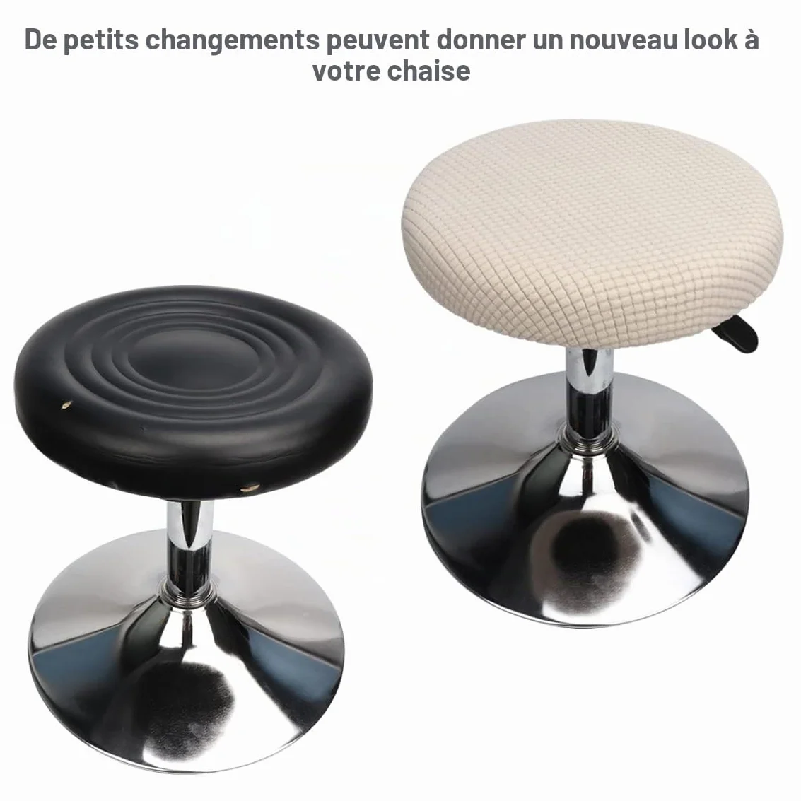 Housses de tabouret rondes Lot de 2, 30-40 cm, élastiques, lavables, blanches
