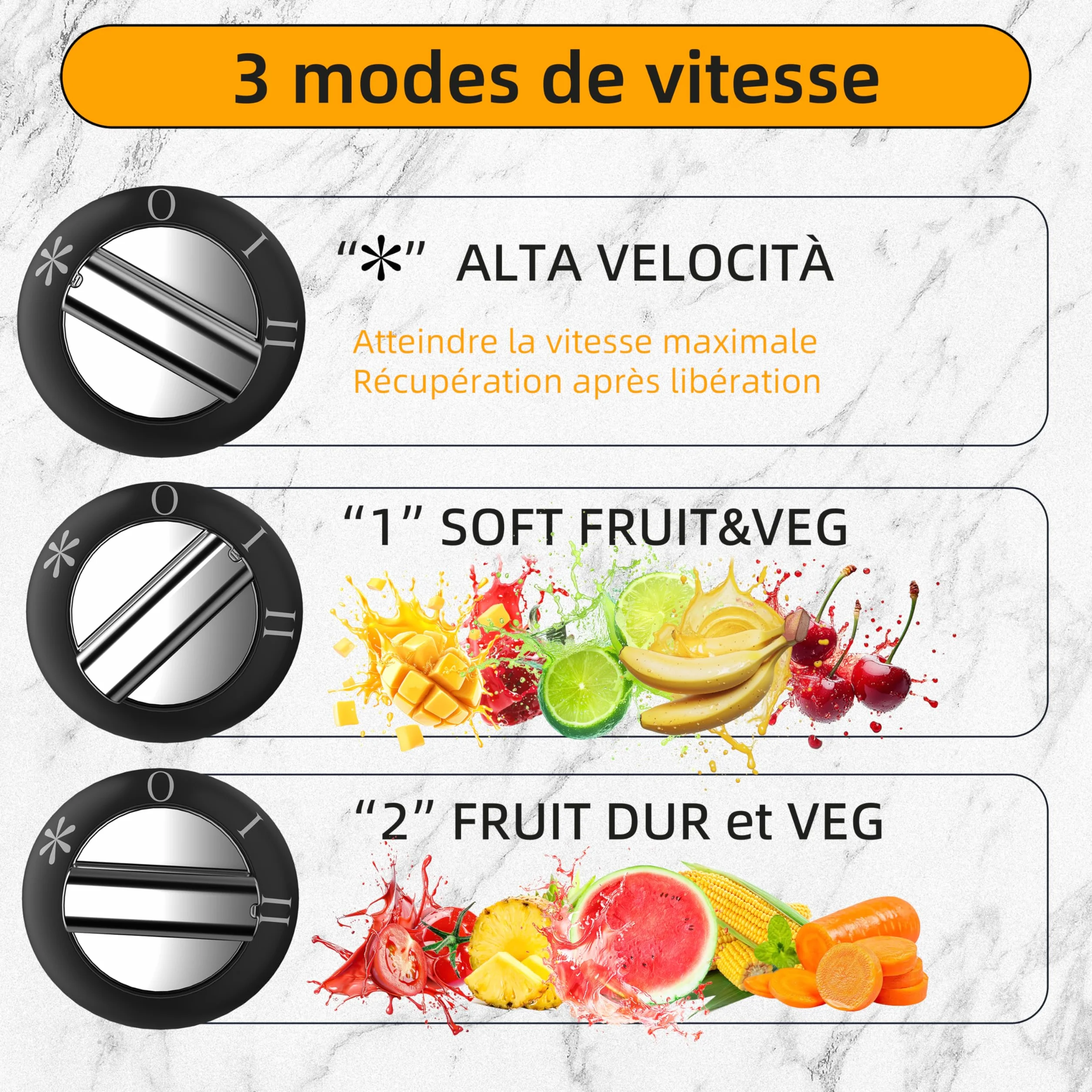 Centrifugeuse Extracteur de Jus 800W, 3 vitesses, bouche 75 mm, acier inoxydable sans BPA