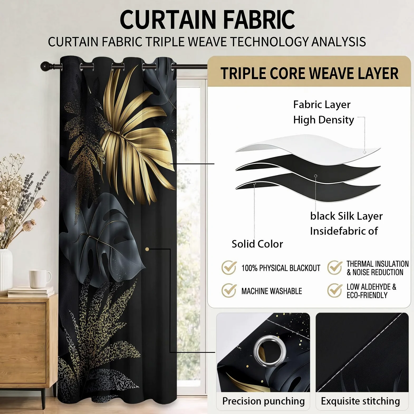 Rideau Occultant 3D Impression Feuilles Tropicales Modernes Et Élégantes Rideaux Salon Isolant Anti Froid Polyester 91.5L X 214H cm (2 Panneaux) Rideaux De pour Chambre Cuisine Décoration Noir Or