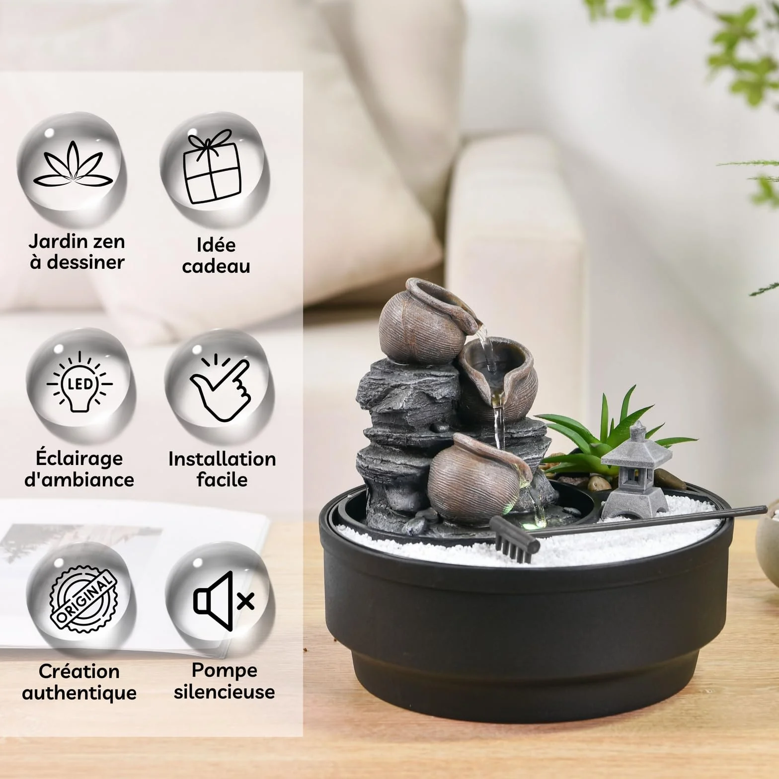 Fontaine d'Intérieur Jardin Zen, Lumière LED, H21 cm - Oasis Zen'Light