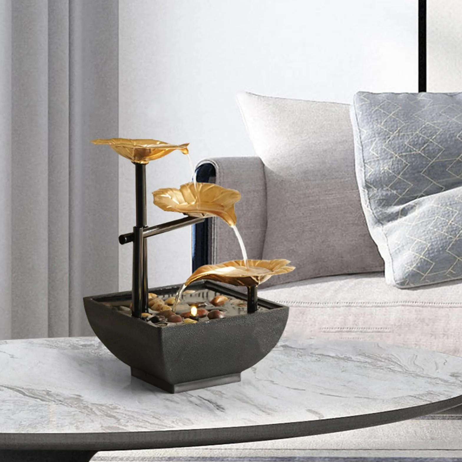 Fontaine de Bureau Métal LED Moderne Décor Table Zen Cascade Eau Courante Or