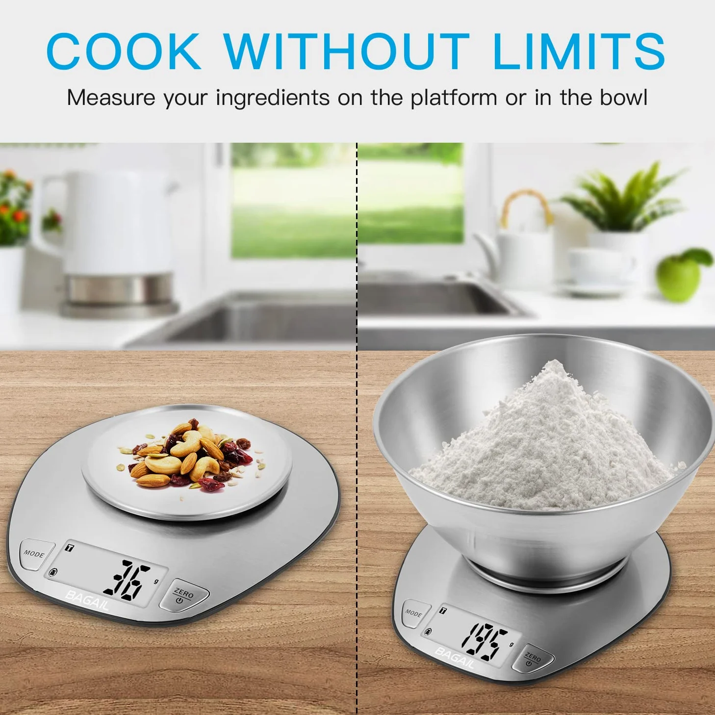 BAGAIL BASICS Balance de cuisine électronique de qualité supérieure avec grand écran et bol mélangeur en acier inoxydable – 5 kg