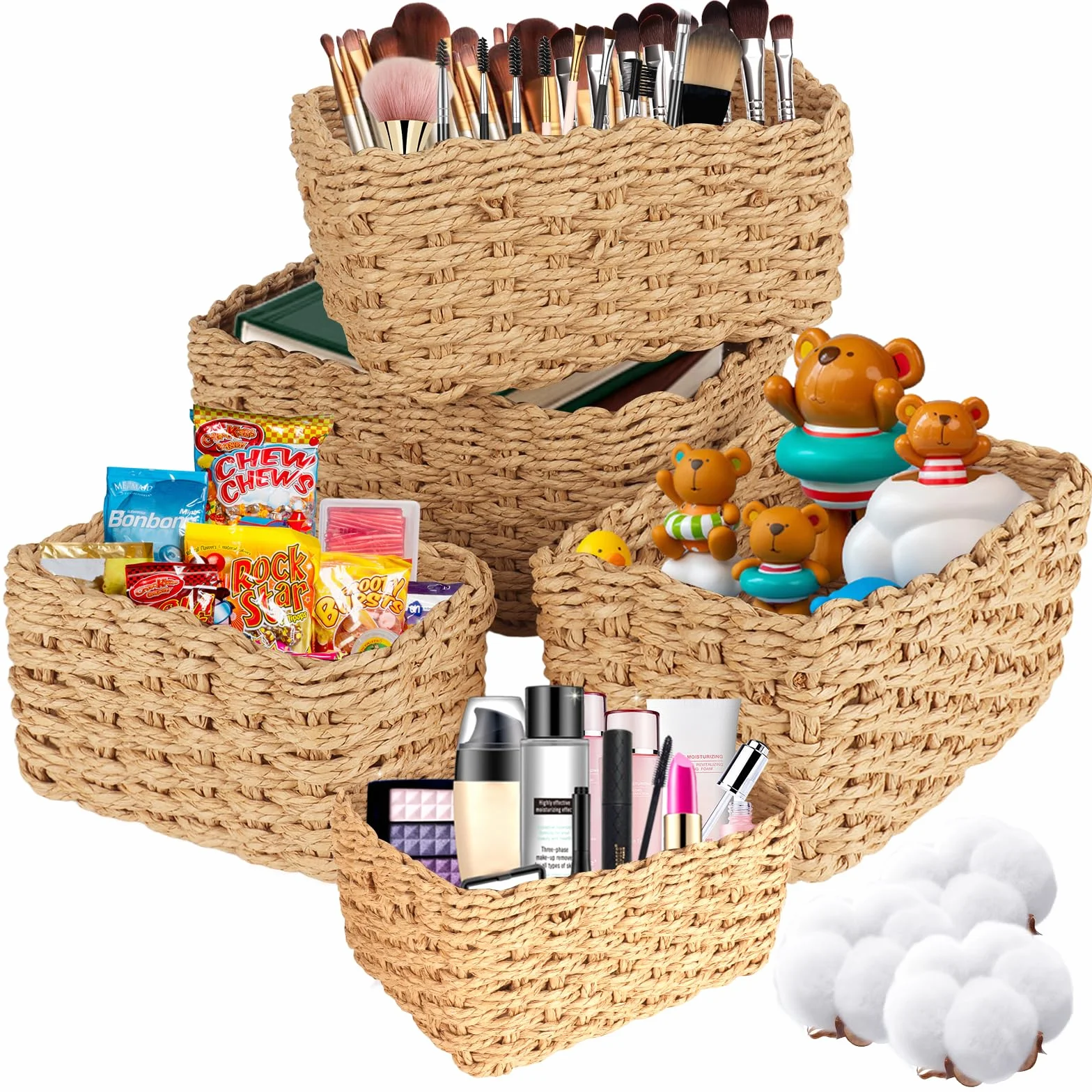 Panier Rangement Tissé Corde Papier 5PCS Boho Décoration Empilable Salon Chambre Salle Bain Cuisine