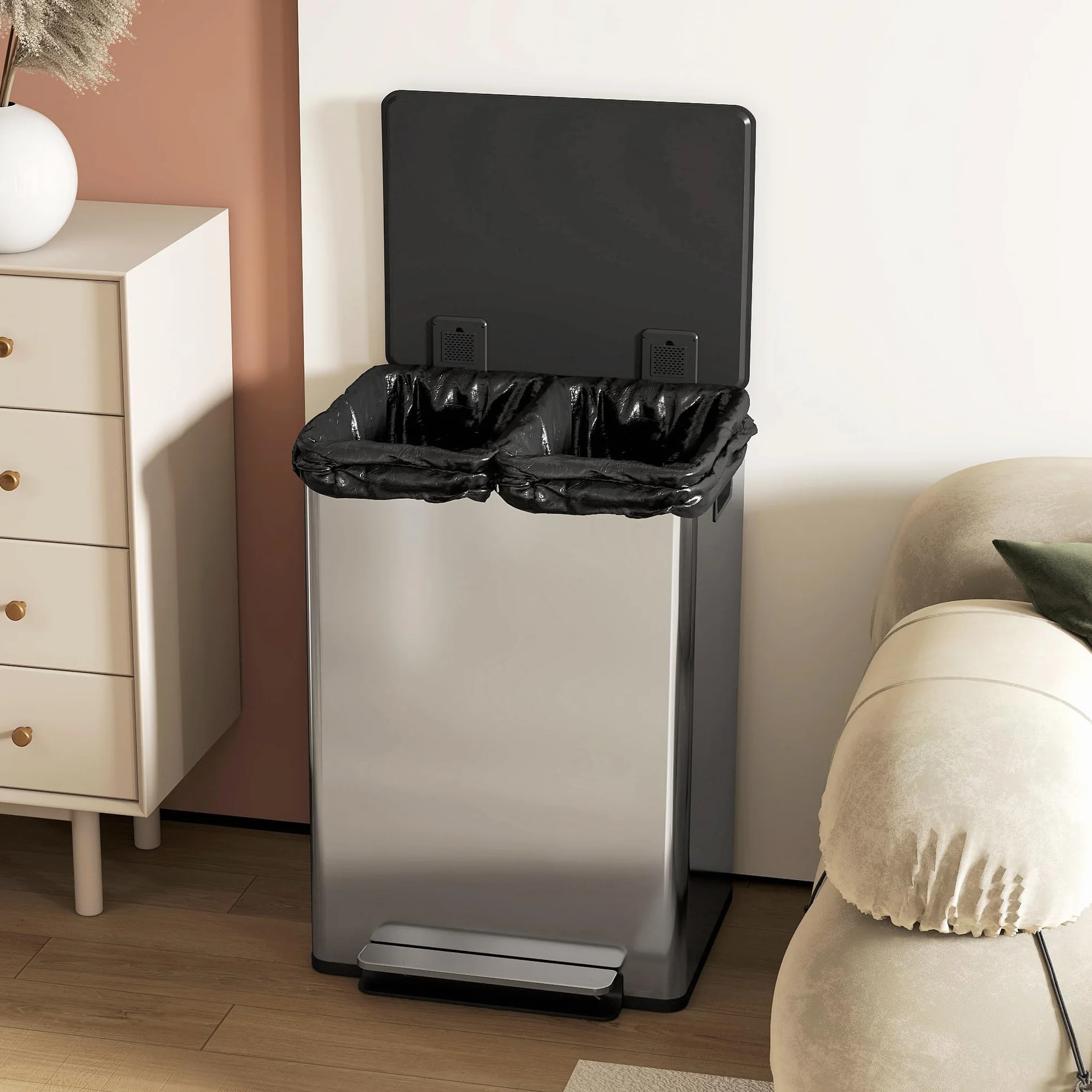 HOMCOM Poubelle double compartiment 2x30L acier inoxydable cuisine pédale tri sélectif