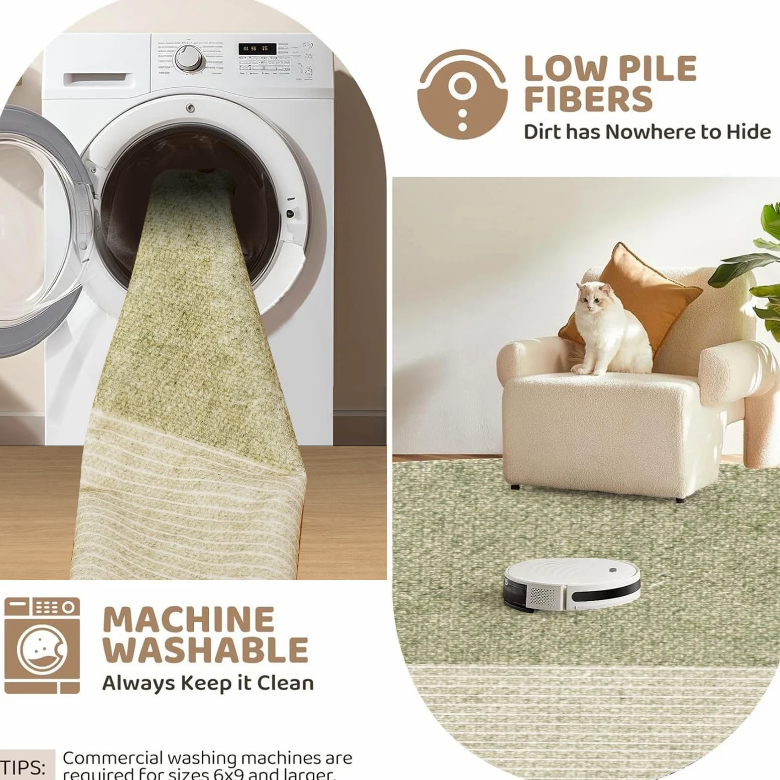 Tapis de salon rond 80 cm, moelleux à poils courts avec design géométrique vert et beige, antidérapant et lavable, pour le salon ou comme descente de lit, en vert, beige