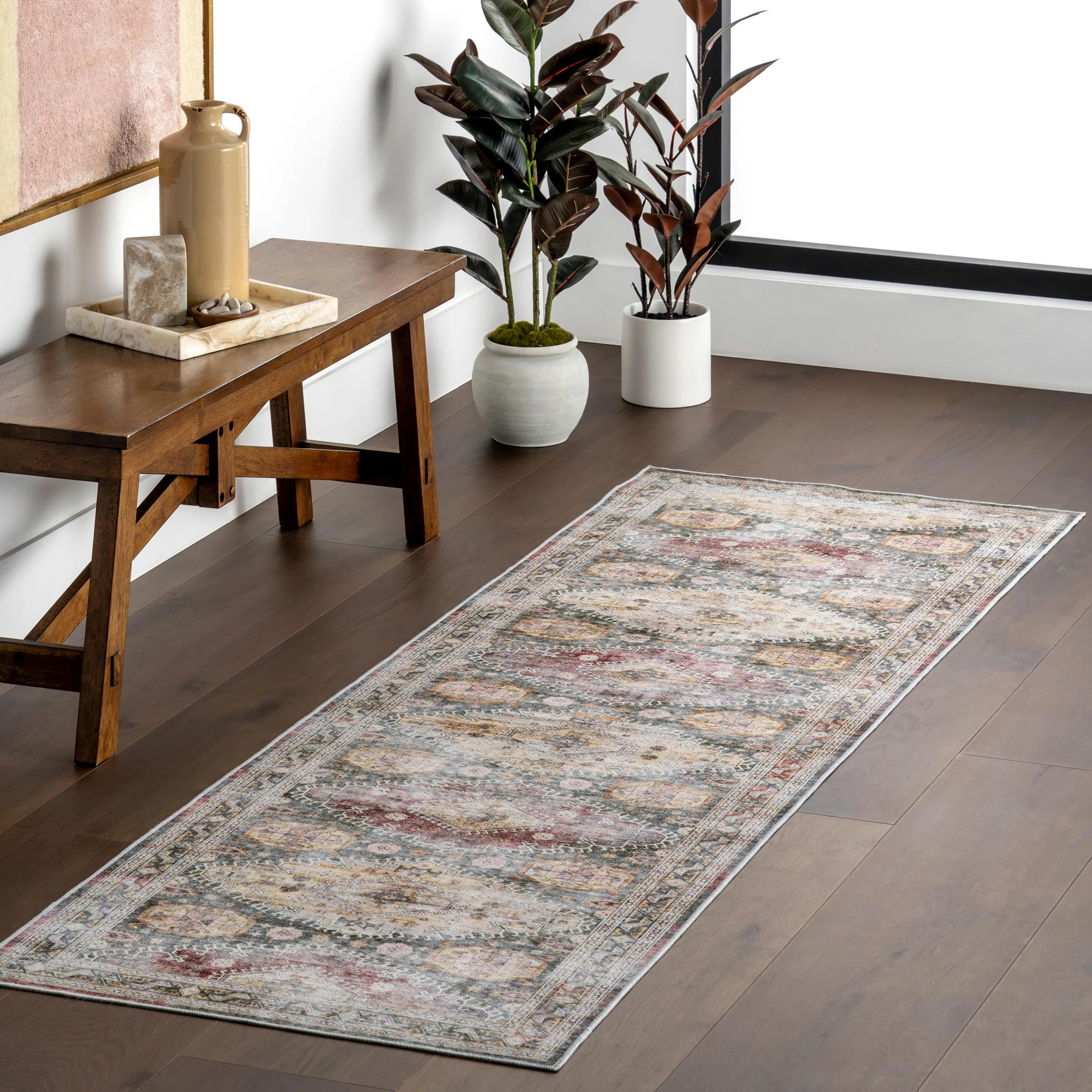 nuLOOM SmartPlus Tapis Traditionnel Vintage résistant aux éclaboussures – Résistant aux Taches – pour Salon, Salle à Manger, Bureau – 0,6 x 2,4 m – Vert Sauge