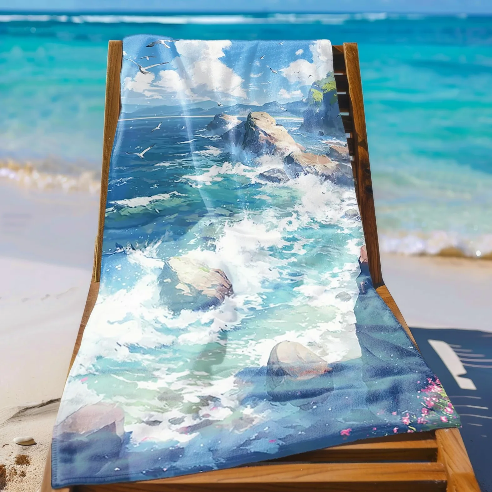 Tapis de Plage XXL Anti Sable Plage Seagull Bleu Serviette Piscine Adulte,Natte De Plage Pliable, Voyage Accessoires De Plage Camping,Serviette de Bain Personnalisée