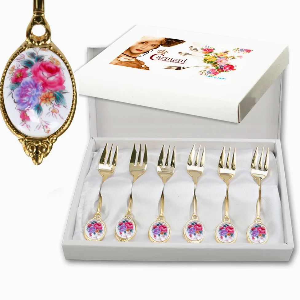 CARMANI - Lot de 6 Fourchette a dessert décoré avec des fleurs dans une boîte cadeau