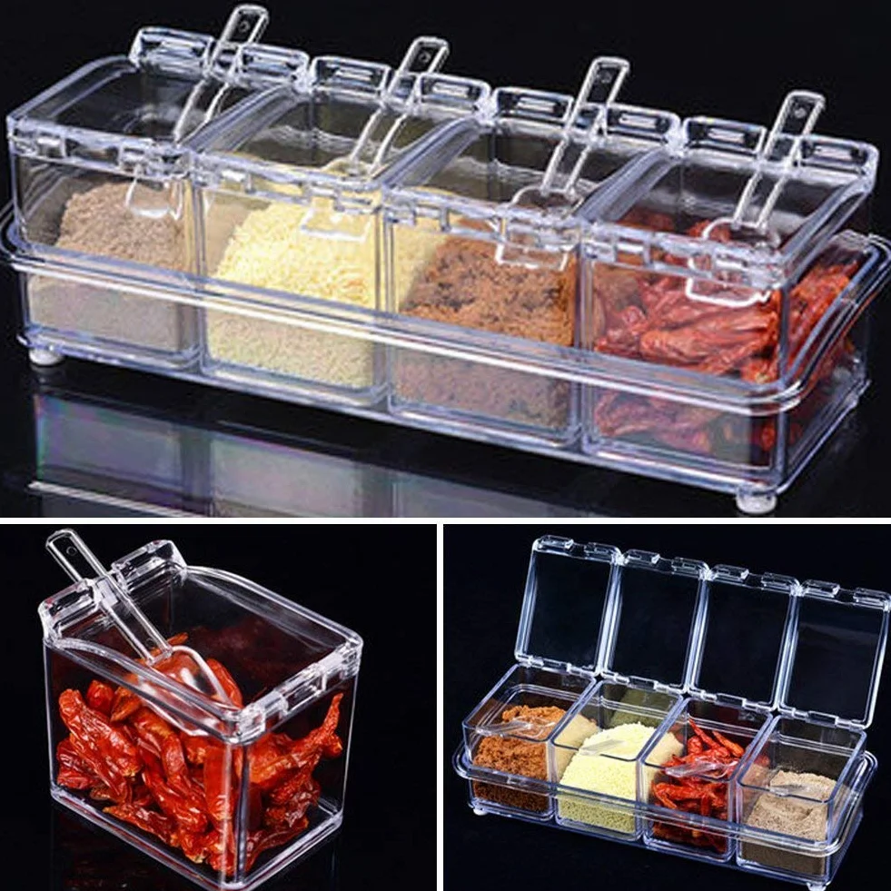 YIQI Assaisonnement Set 4 pièces Bouteilles Transparentes Sel Spice Jar Pots à épices Cuisine Condiment Jarres de Stockage avec Cuillères