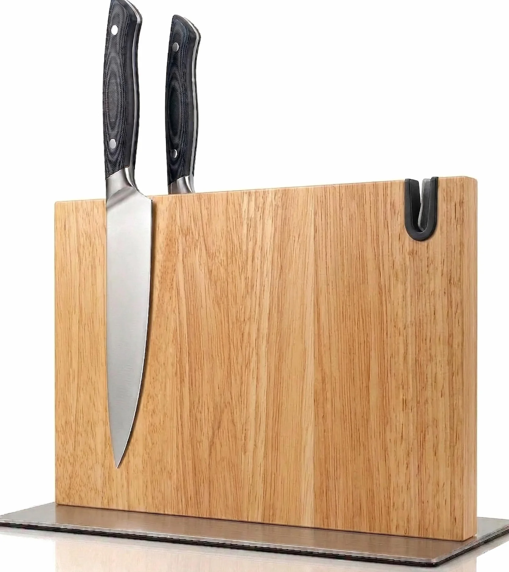 Porte Couteaux Magnétique Cuisine XL avec Aiguiseur Support Magnétique Couteaux Bois Massif Bloc Rangement (Chêne)
