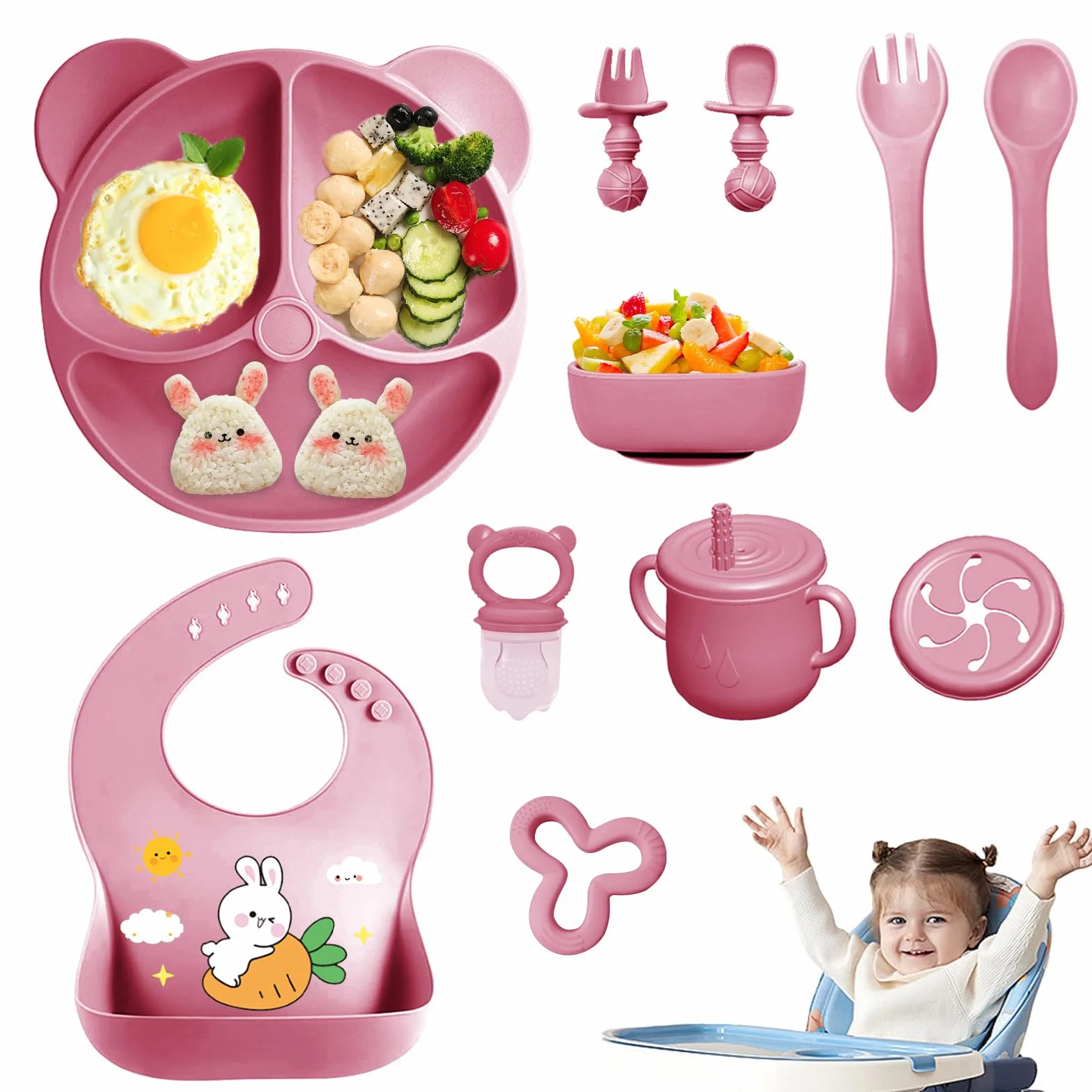 Coffret Repas Bébé 11 pièces Silicone Antidérapant avec Ventouse Assiette Bol Fourche Cuillère Bavoir Tasse Rose foncé