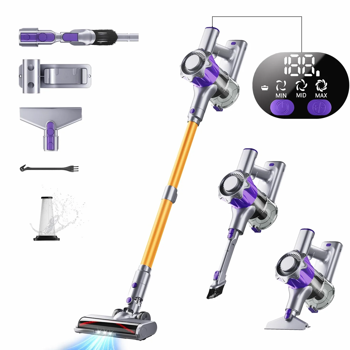 Aspirateur Balai sans Fil 450W 40KPA 50 Minutes Autonomie Écran Intelligent Jaune