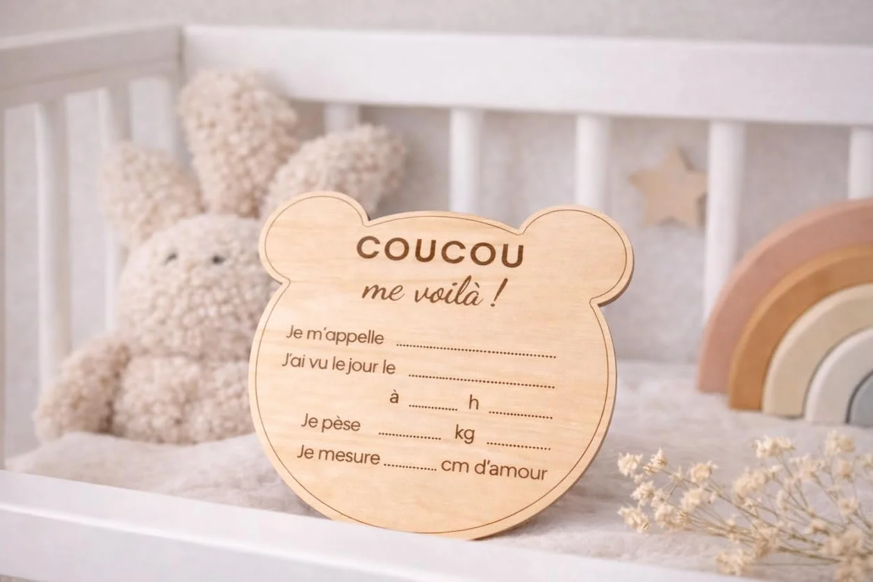 Carte bienvenue annonce naissance prénom bébé en bois - Disque prénom bébé date heure poids taille - Pancarte photo nouveau-né souvenir maternité