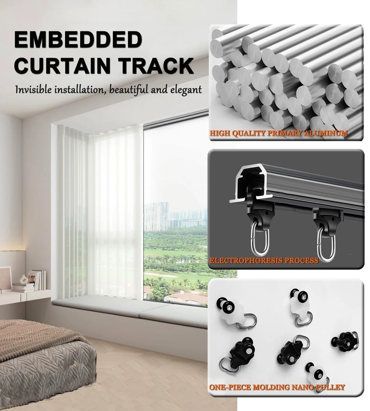 Tringle à rideaux en aluminium noir de 3 m, tringle coulissante montée au plafond, séparateur de pièce caché, tringle à rideaux en métal intégrée, idéale pour la décoration d'intérieur et les