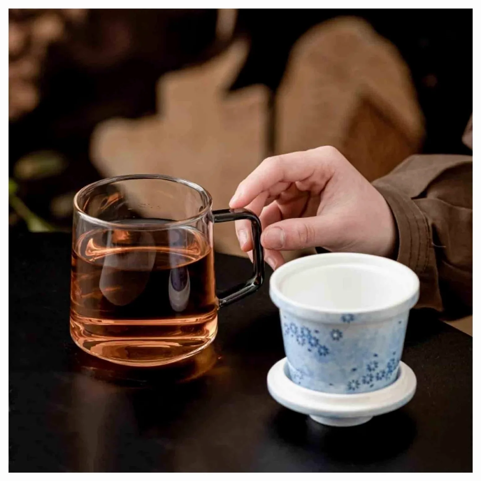 Tasses en verre Tasse à thé en verre avec infuseur et couvercle en céramique, 15,7 oz