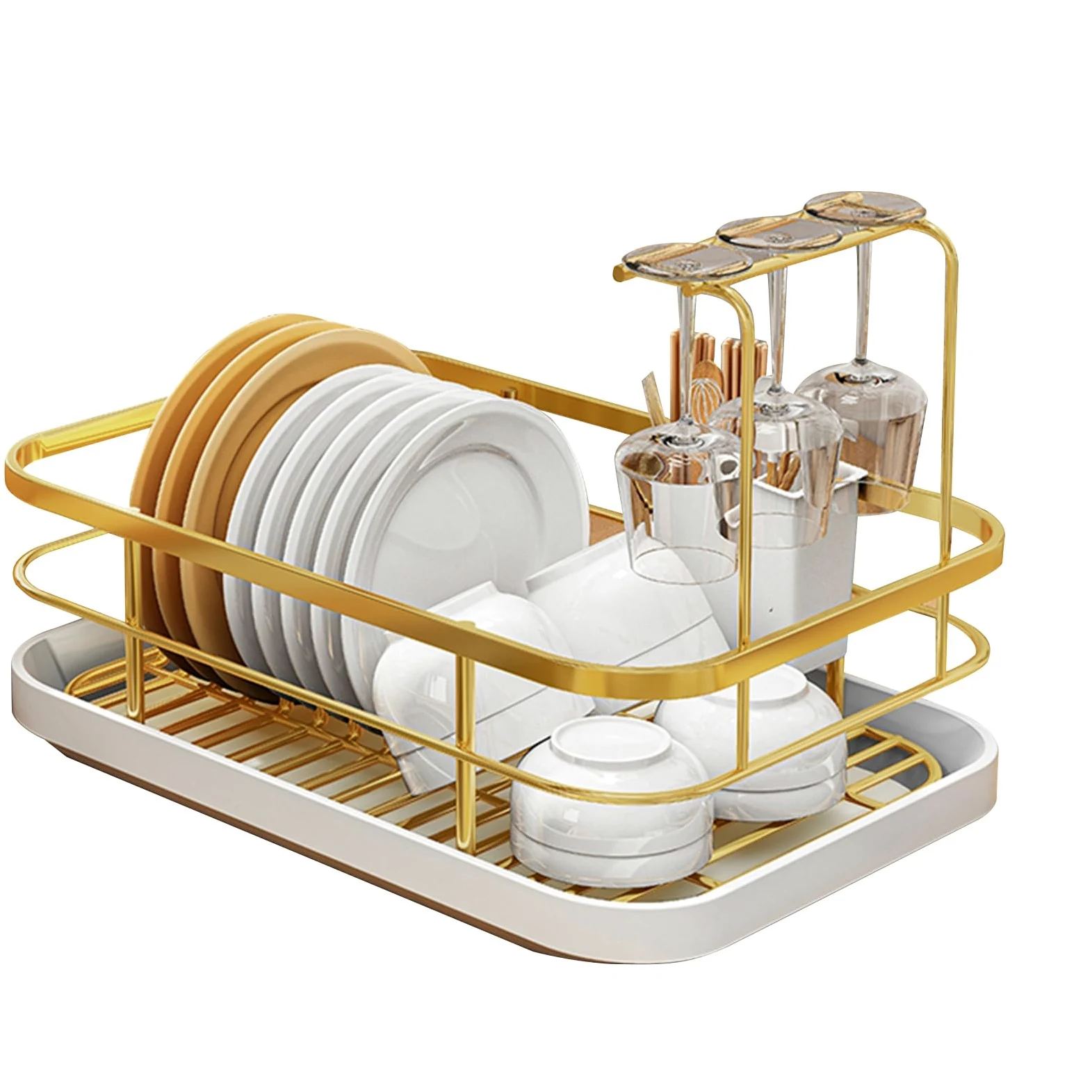 Égouttoir à vaisselle réglable en acier inoxydable avec support à couverts - Design ventilé - Doré