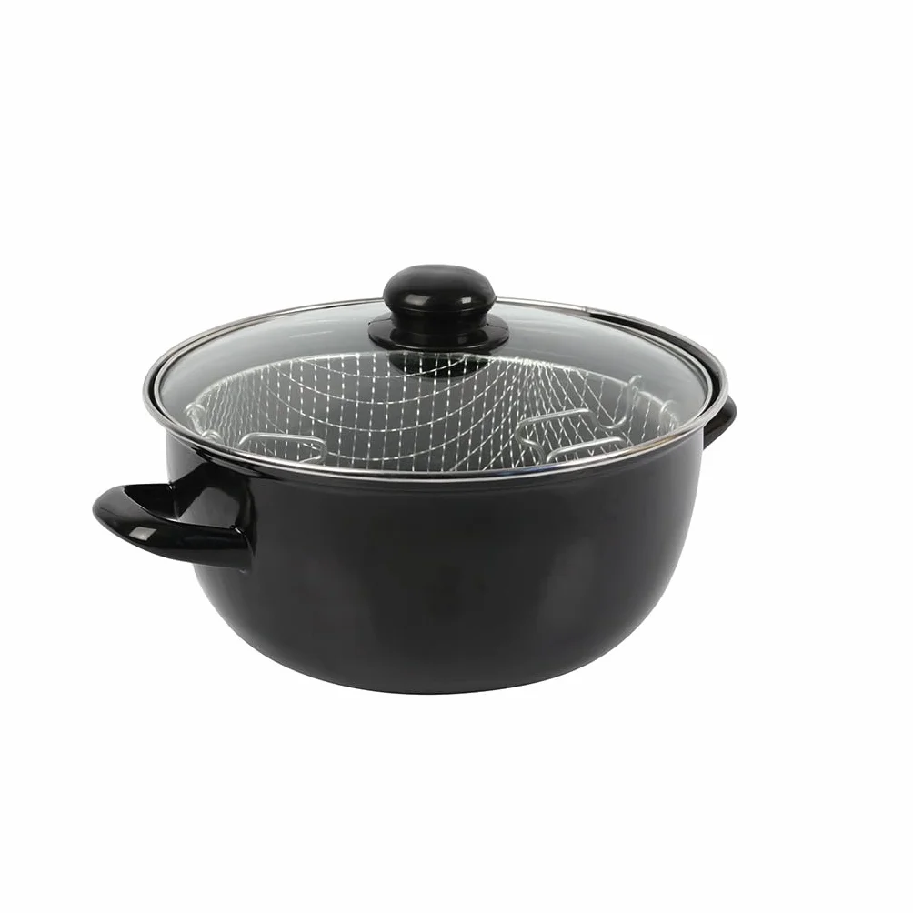 Crealys Friteuse Traditionnelle Ø26 cm Acier Émaillé avec Panier Couvercle Verre Tous Feux Induction