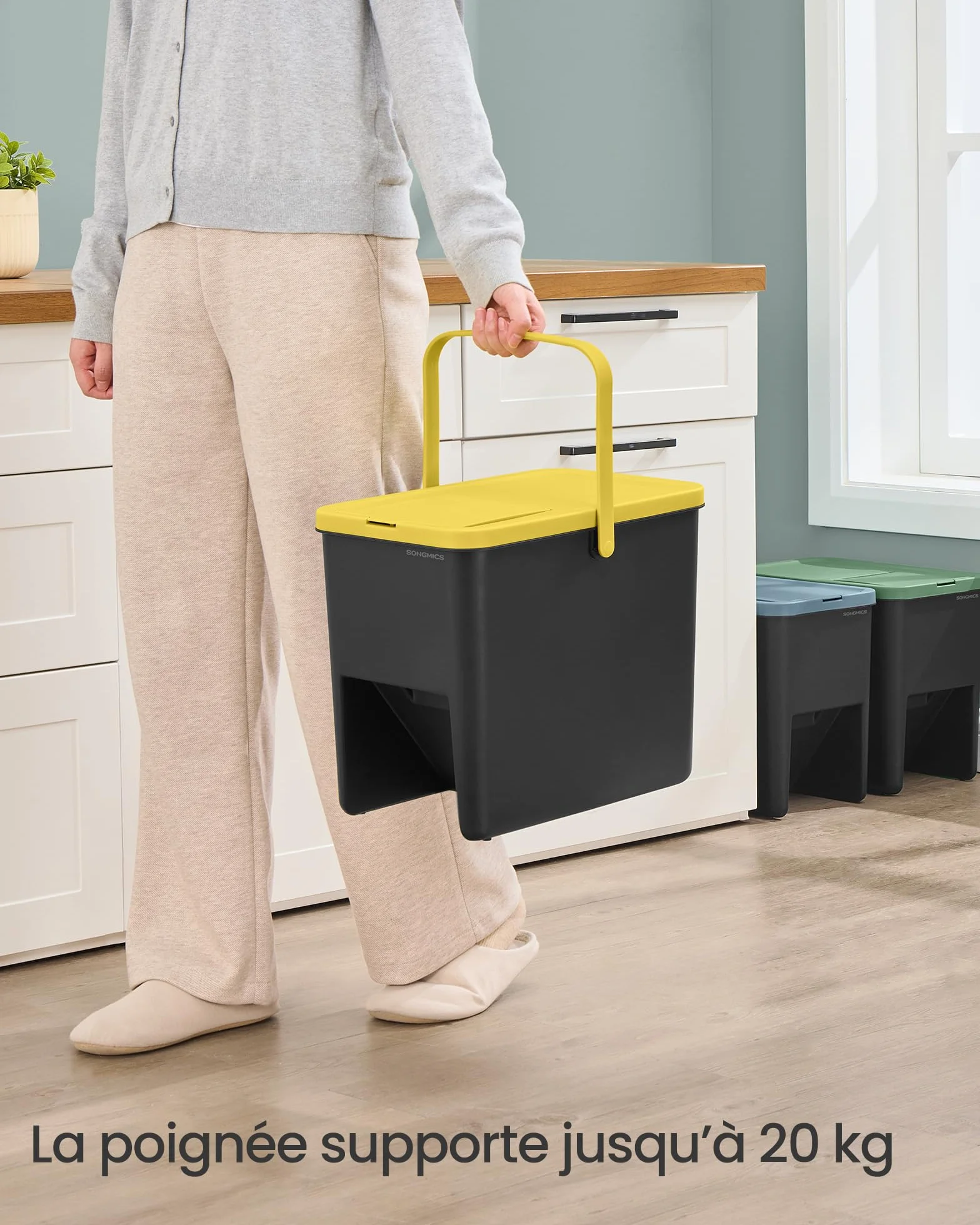 SONGMICS Poubelles de Tri Cuisine Lot de 3 Empilables 20 L Recyclage Jaune Bleu Vert
