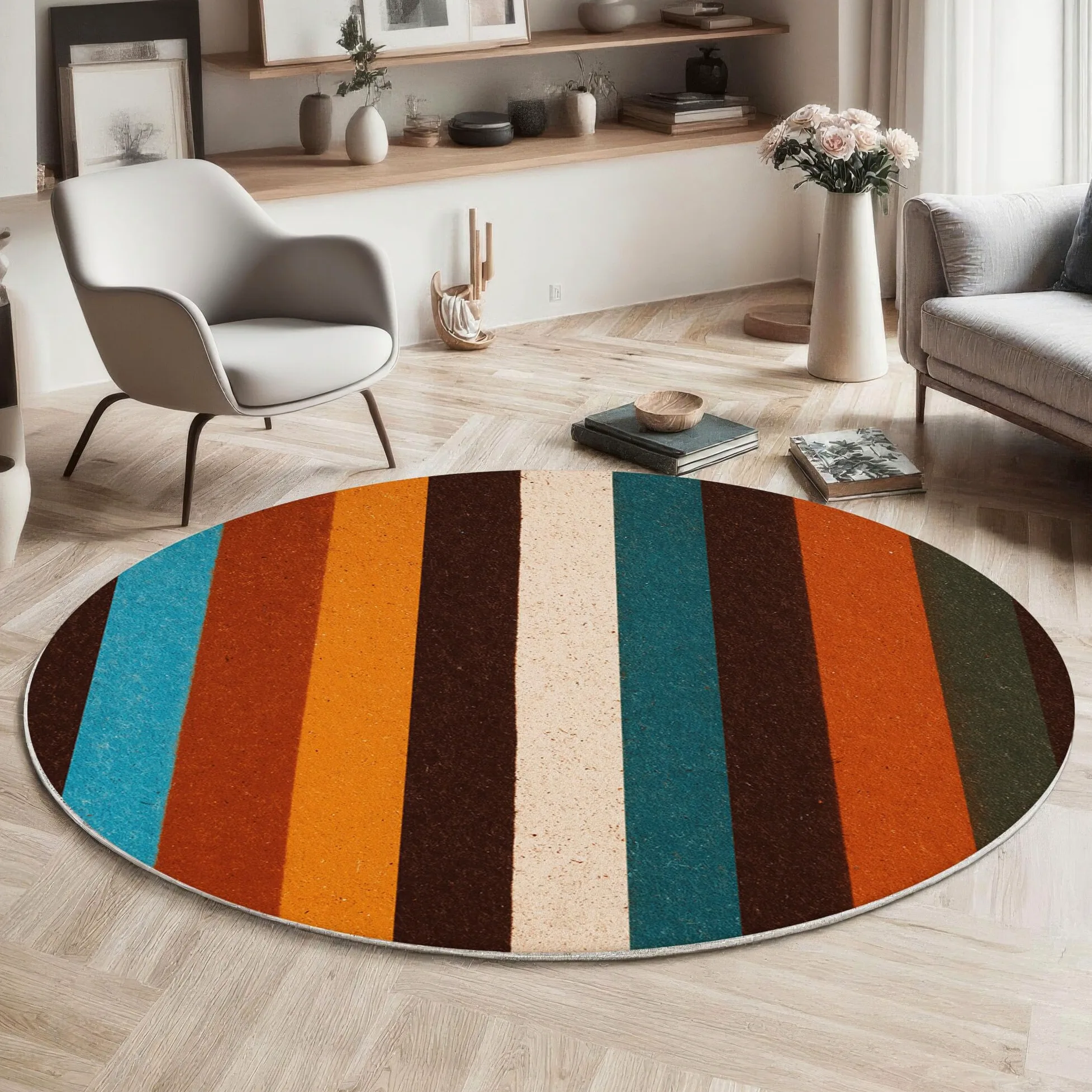 Tapis Rond De Chambre 120 Cm - Patchwork Rayé Rétro Terracotta - Motif Géométrie Simple - Moelleux Et Antidérapant - Tapis De Salon À Poils Courts - Lavable - Moderne Et Doux