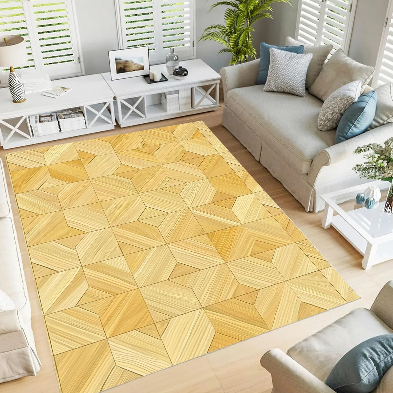 Tapis Lavable Parquet, Antidérapant Géométrie Patchwork Rétro, Résistant Aux Taches pour Intérieur, Décoration pour Salon, Chambre À Coucher, Bureau - Jaune Clair - 80X150Cm