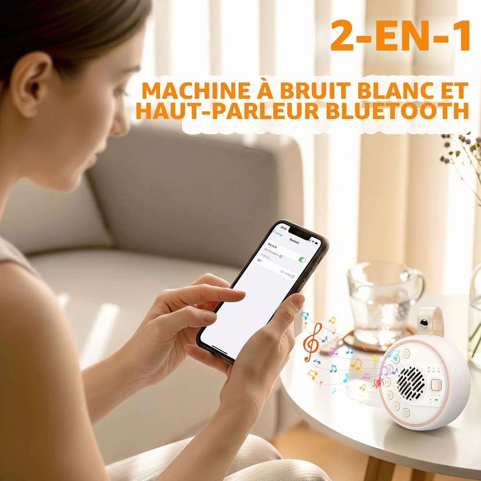 Machine à Bruit Blanc Portable pour Bébé, 22 Sons Apaisants, 60 Niveaux de Volume, 2000mAh Batterie, Enceinte Bluetooth