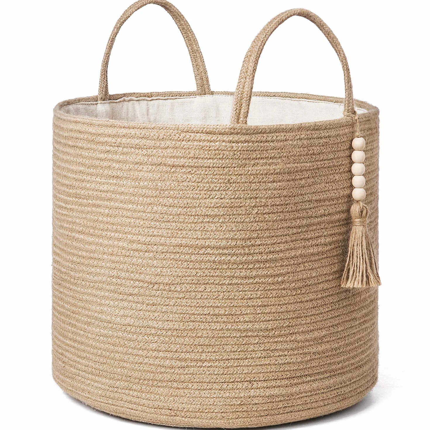 Mkono Panier de rangement tissé en corde naturelle avec perles en bois et poignées pour couvertures, jouets, vêtements