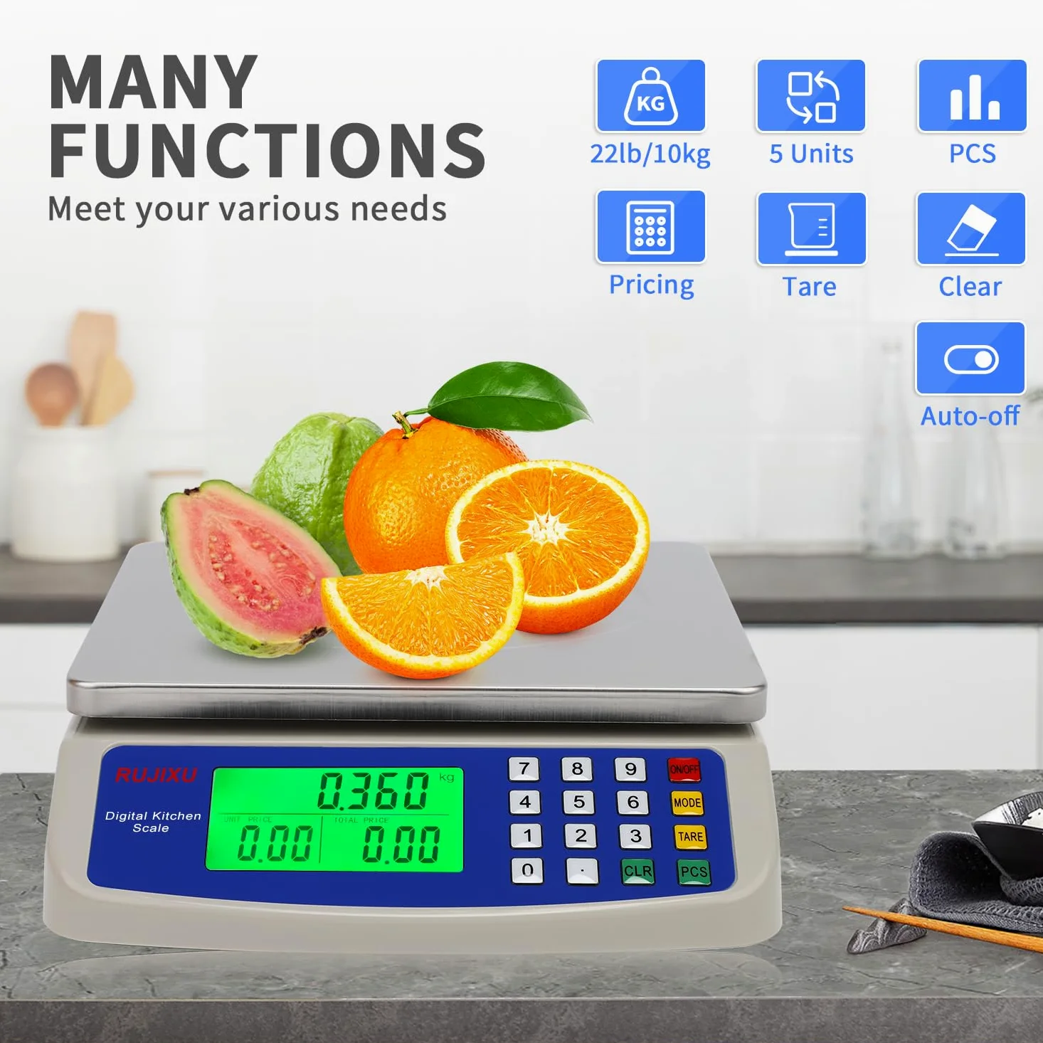 Balance de cuisine precision 10kg/0.5g acier inoxydable balance professionnelle alimentaire avec Écran LCD Rétroéclairé, pese aliment 5 Unités et Fonction Tare, Piles incluses avec USB