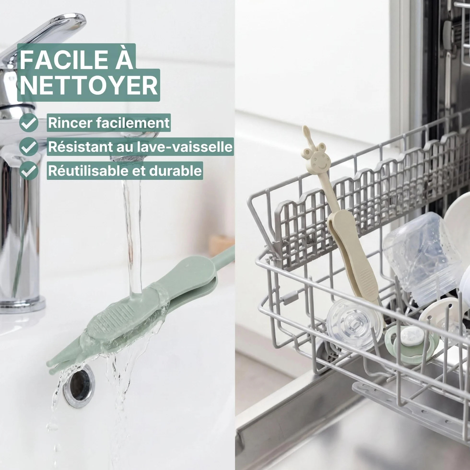 Nettoyeur de nez et d'oreilles bébé 3-en-1 avec pince, sans BPA, Vert/Beige