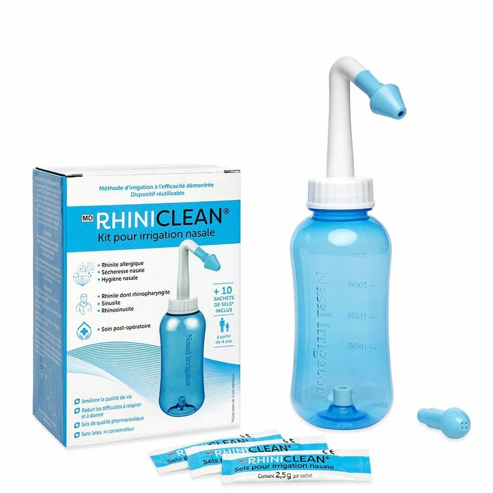 Kit irrigation nasale 1 dispositif 10 sachets sel pharmaceutique made in france lavage nez sinus neti pot douche nasale dès 4 ans