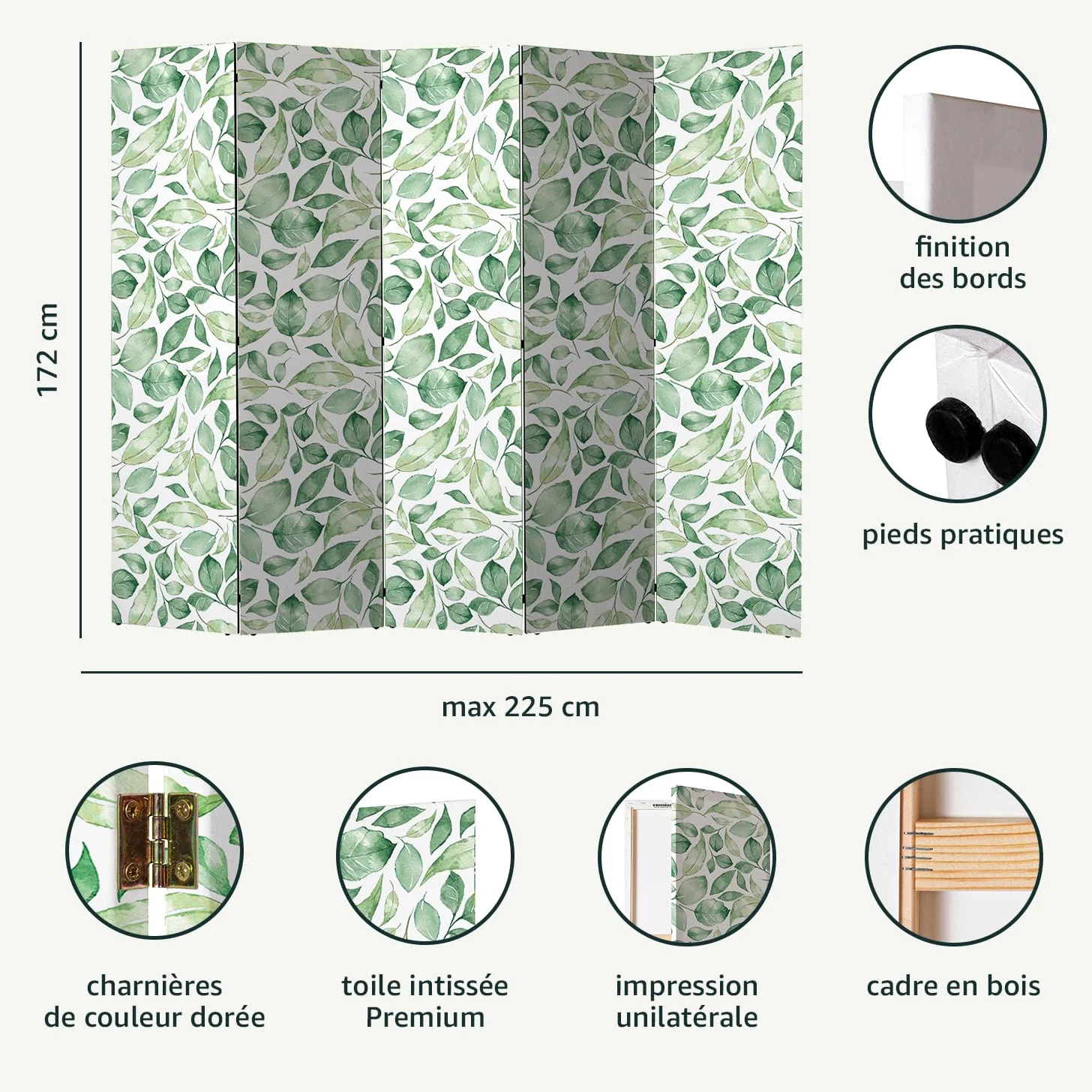 decomonkey Paravent décoratif intérieur Plante Gris Vert 225x172 cm | Cloison de séparation, Paravent en Bois, seul côté, Forêt Jungle Arbres Feuilles Nature Tendances Couleurs de