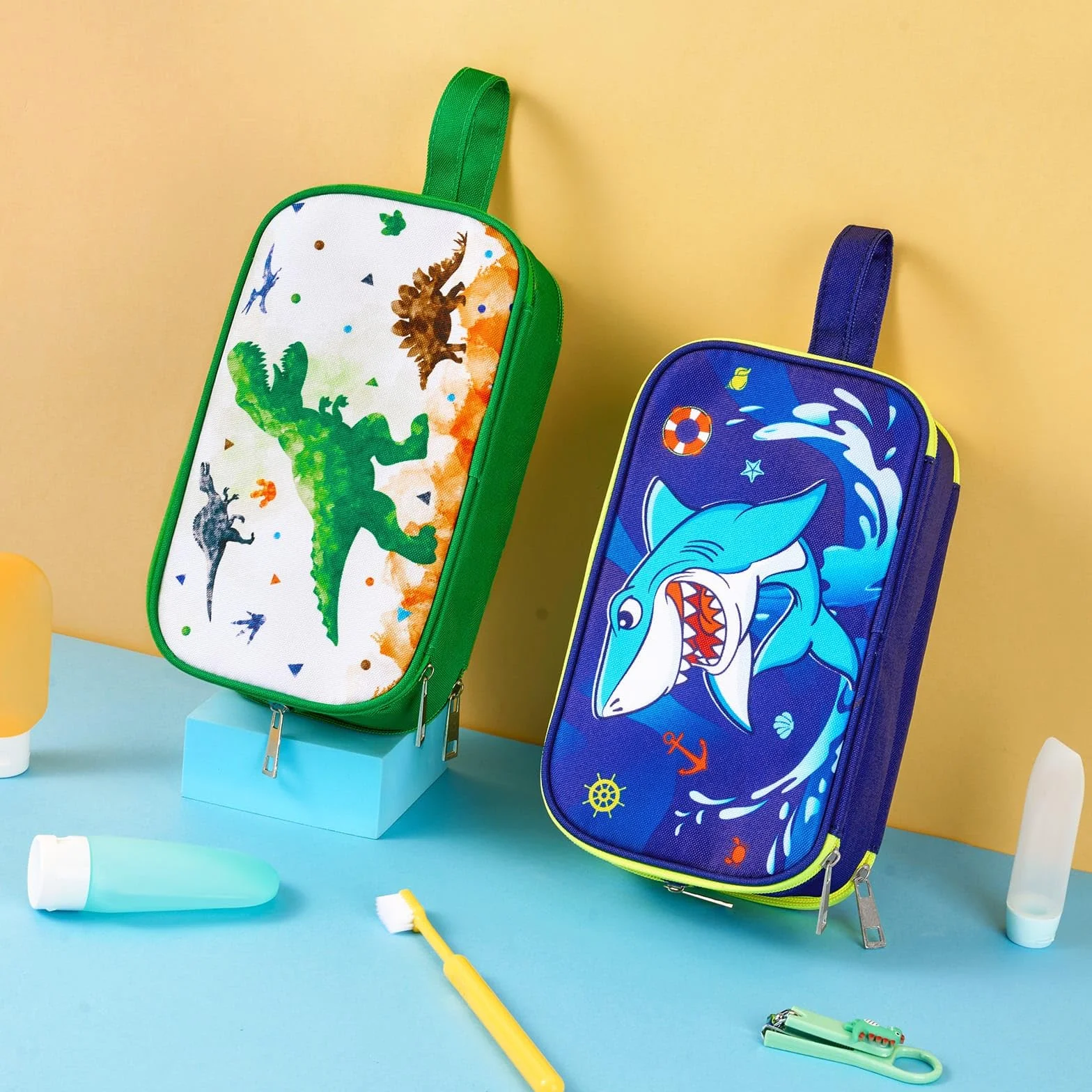 WAWSAM Trousse de Toilette Enfant Dinosaure Sac de Toilettes Résistant à l'eau Portable Voyage