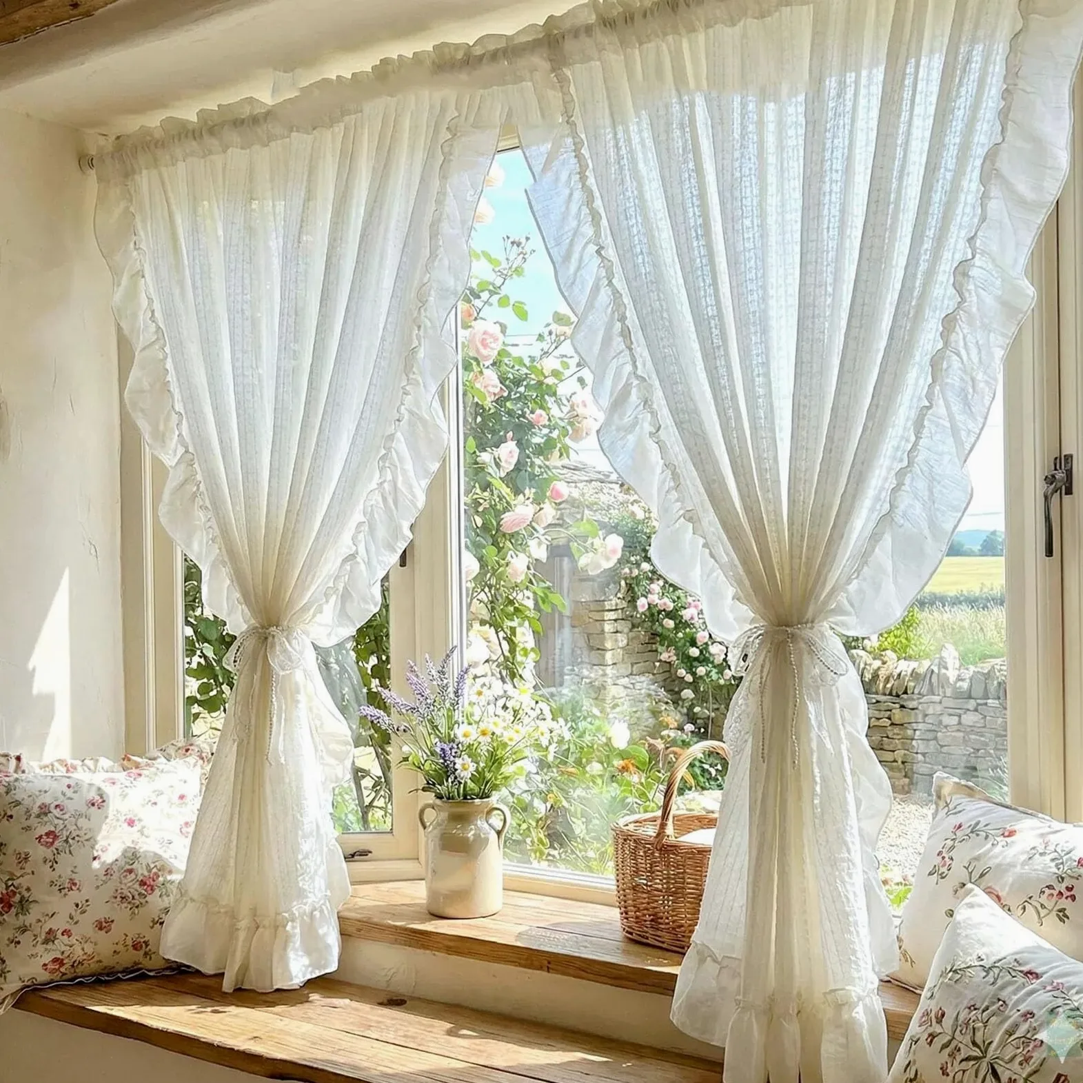 2 Pièces Rideaux Filtrant de Lumière Beiges Salon, Rideaux de Fenêtre Chambre Français Romantiques avec Poche de Tige Volants pour Décoration Maison(W150xH260cm/59x102inch)