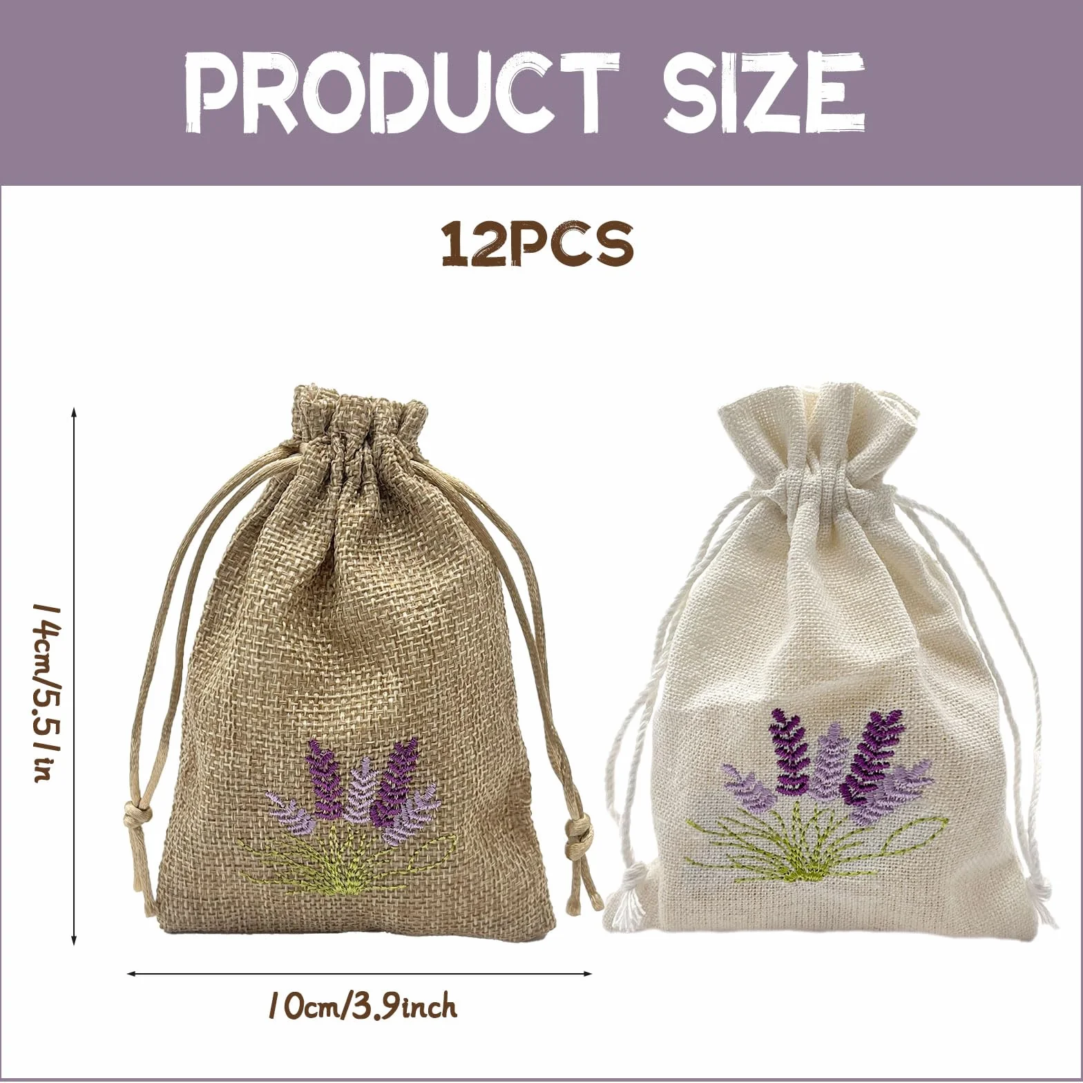 Sachets de lavande vides à remplir avec cordon de serrage, coton et lin, lot de 12